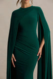 Magdelena Bottle Green Asymmetric Cape Maxi Dress
