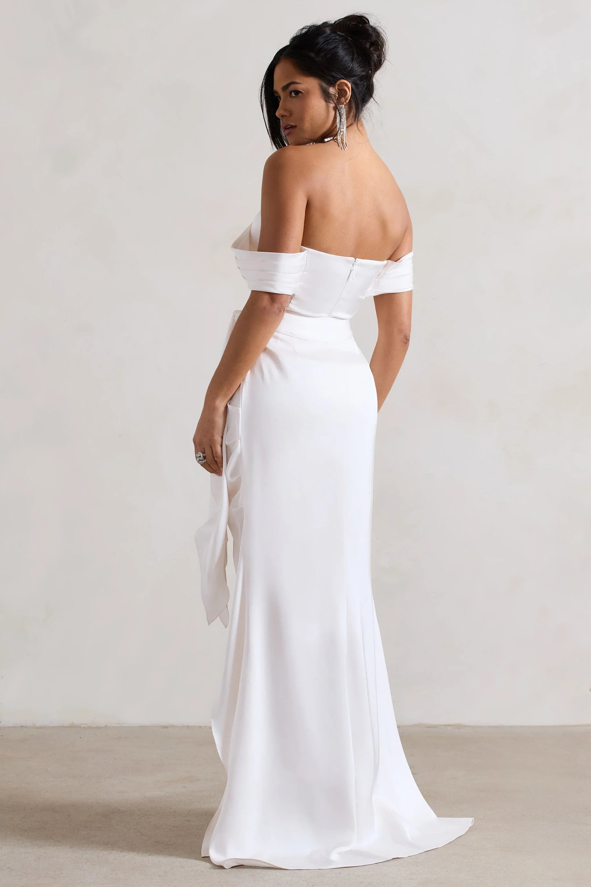 Milano Cream Satin Bardot Maxi Dress With Detachable Skirt