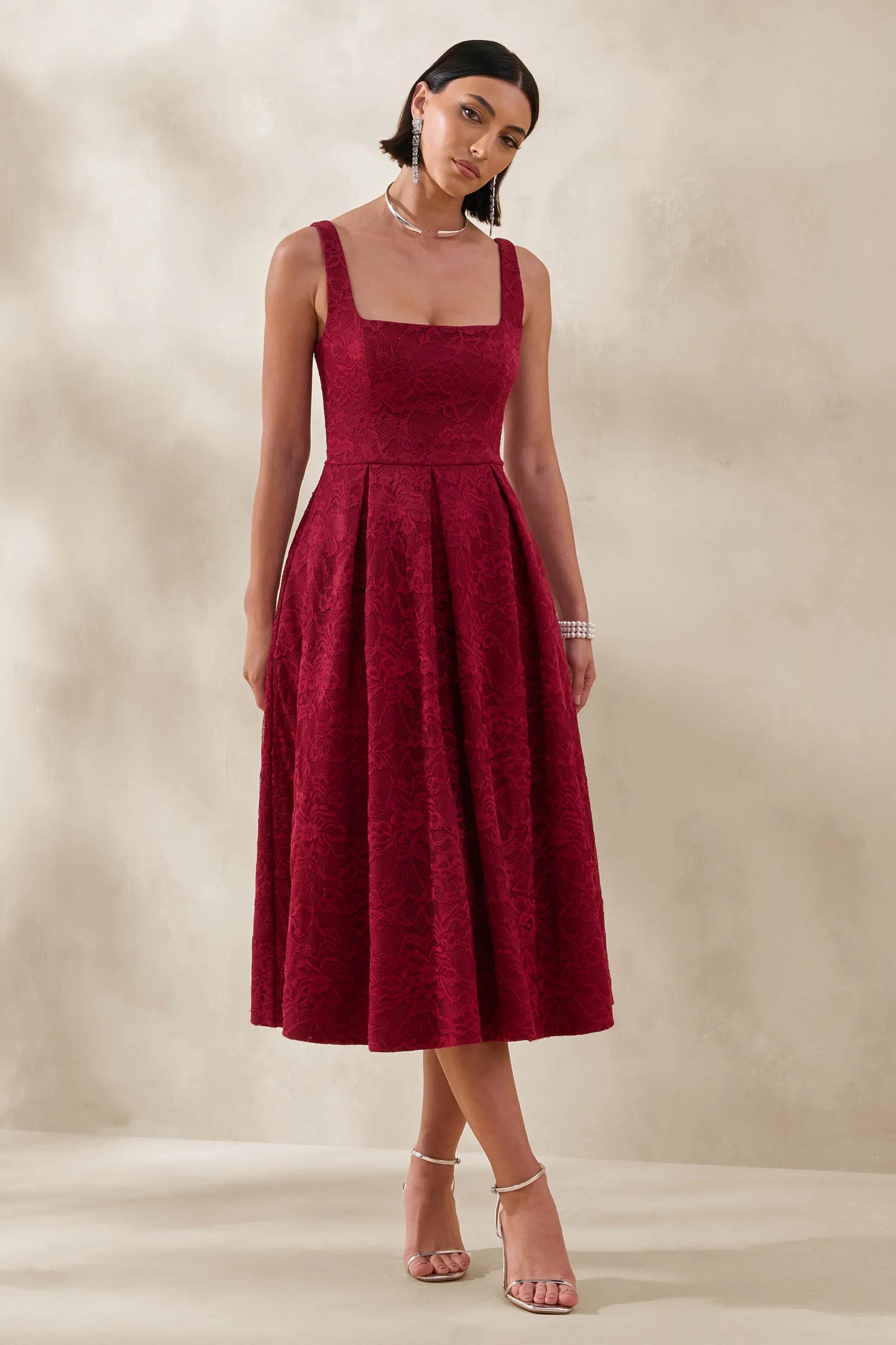 Ashmara Burgundy Lace Square Neck Midi Dress