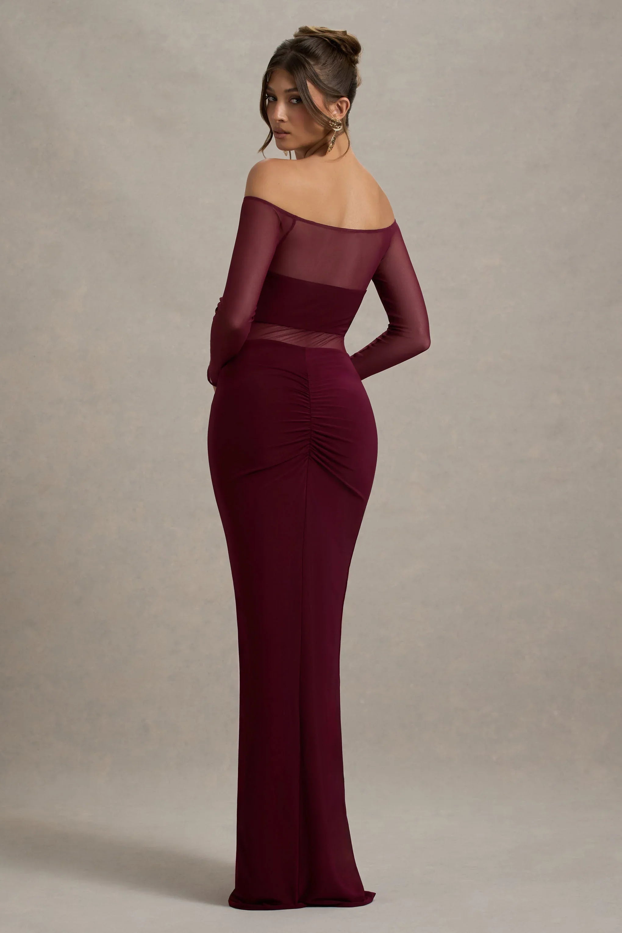 Cover Star Burgundy Mesh Bardot Long Sleeve Draped Maxi Dress