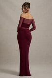 Cover Star Burgundy Mesh Bardot Long Sleeve Draped Maxi Dress
