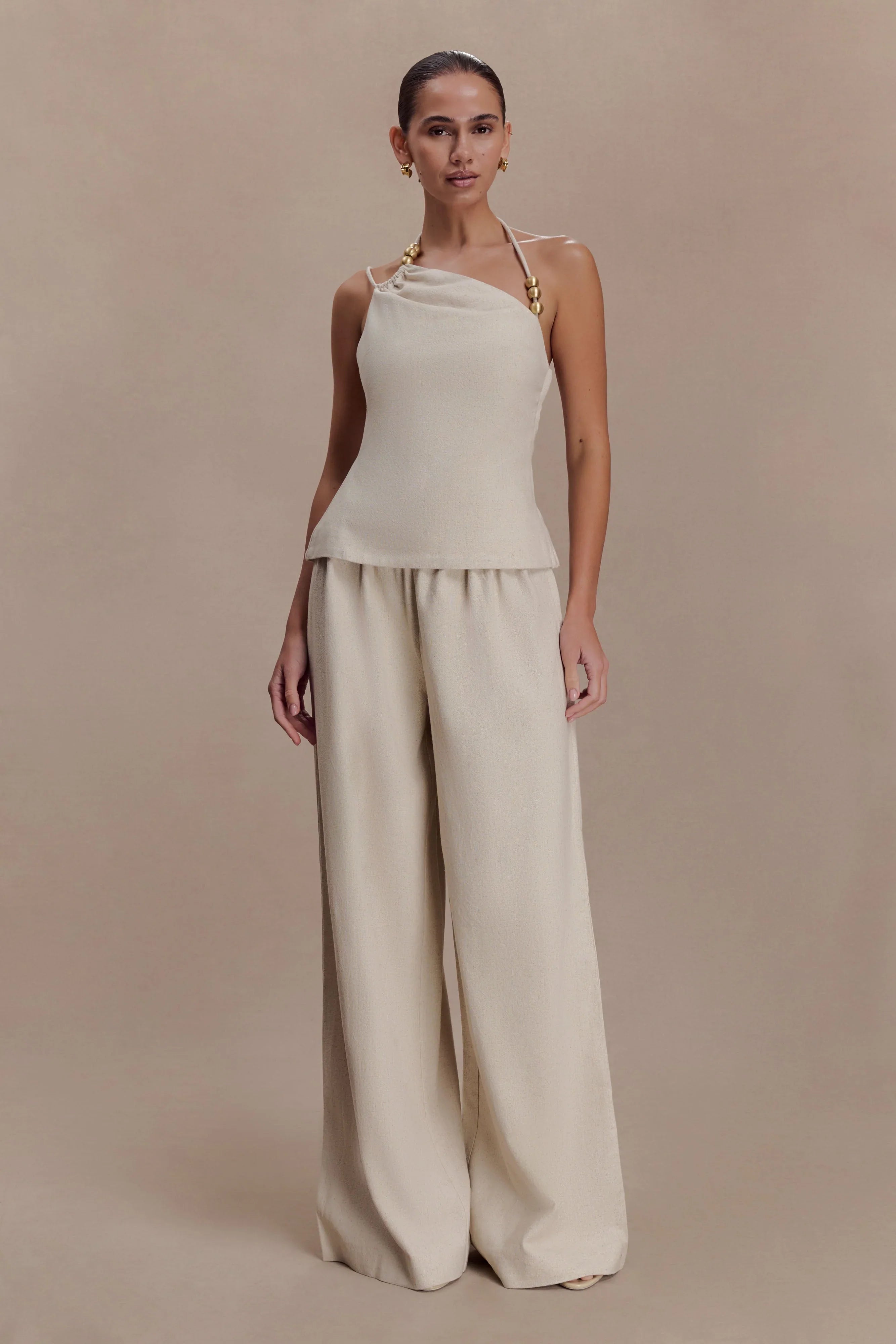 Gabby Asymmetrical Neckline Linen Beaded Top Natural