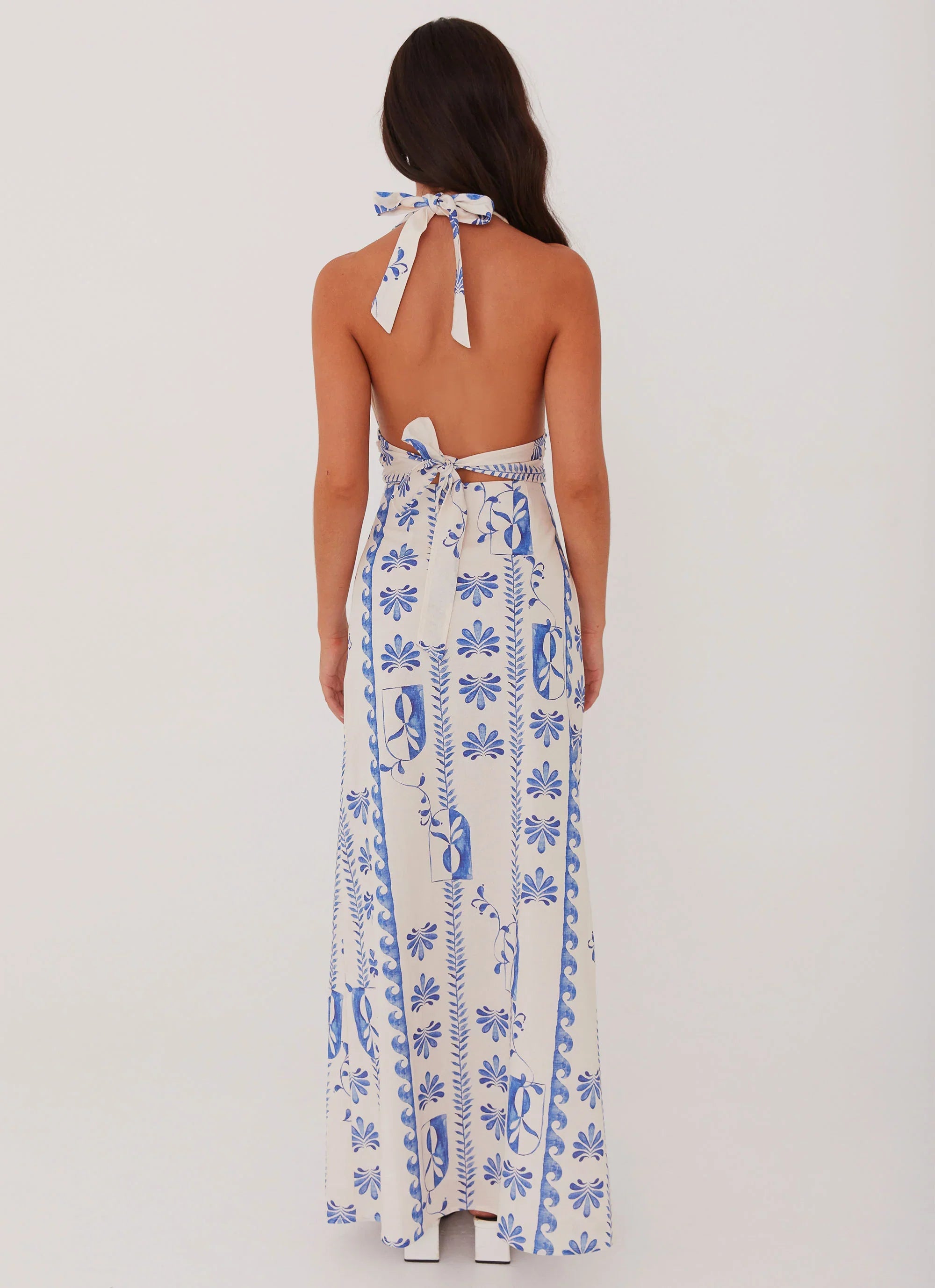 Sky Linen Maxi Dress Floral Wave