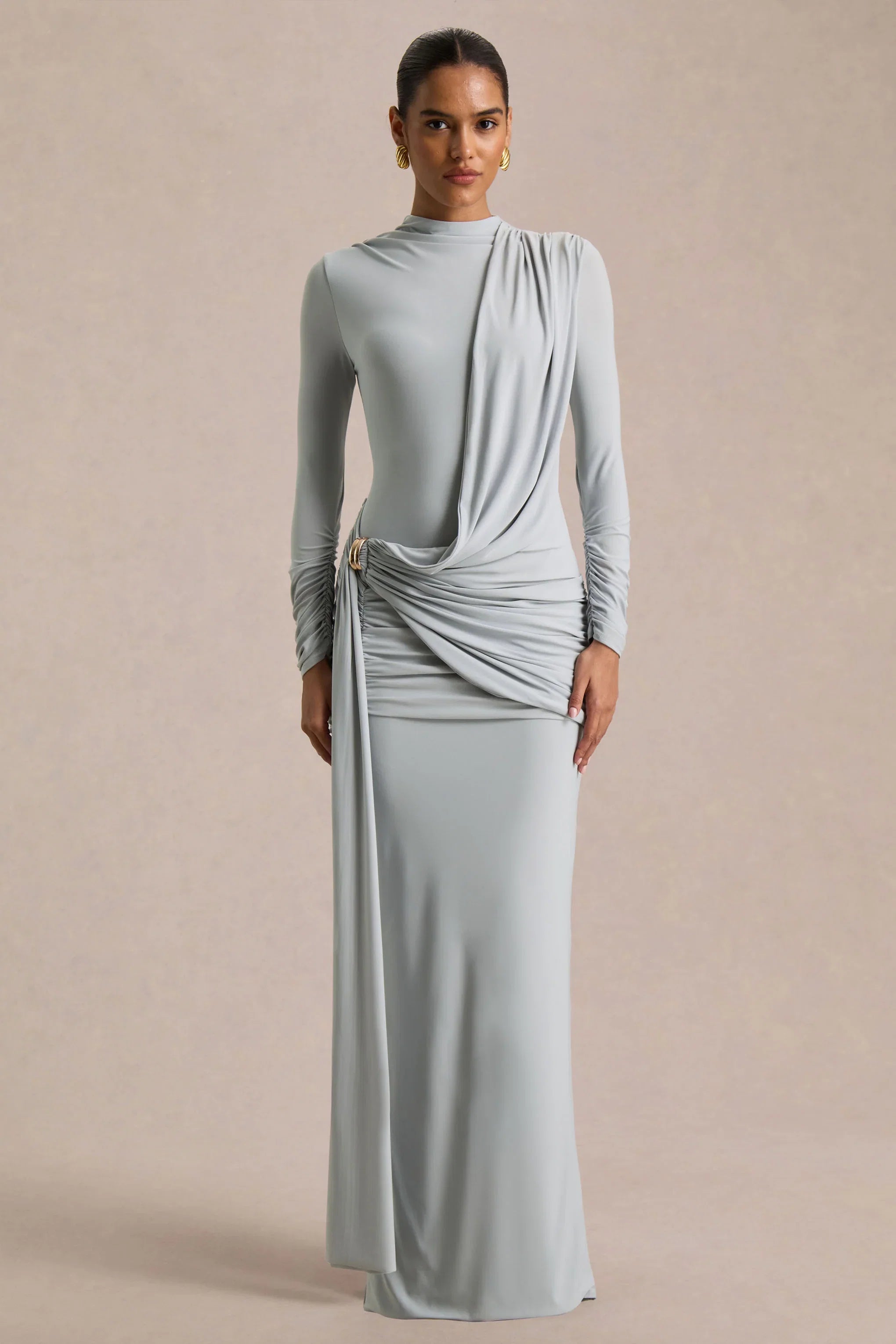 Melissa Blue Long Sleeve Wrap Maxi Dress With Draped Detailing