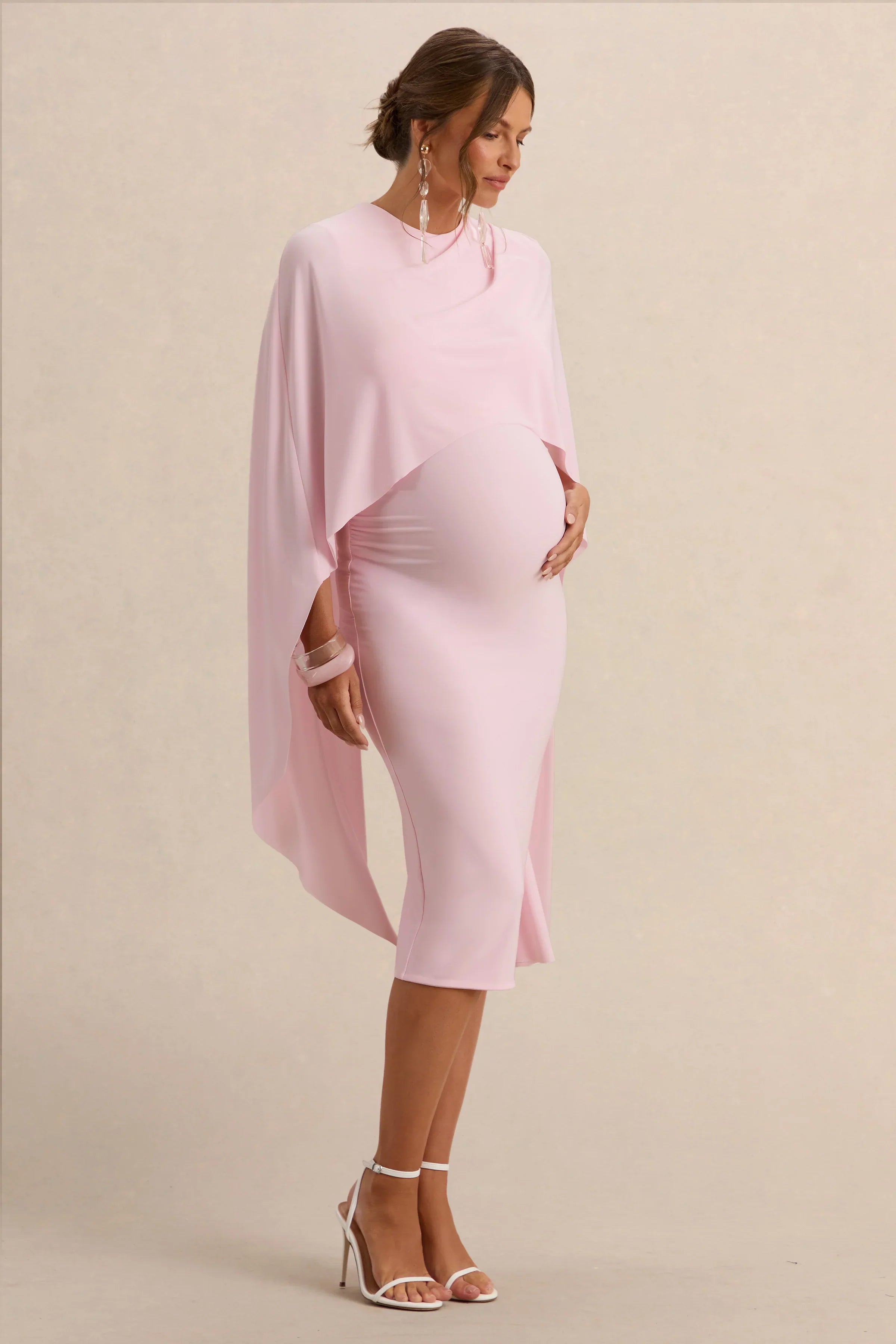 Arwen Light Pink Round Neck Maternity Midi Dress With Cape Detail