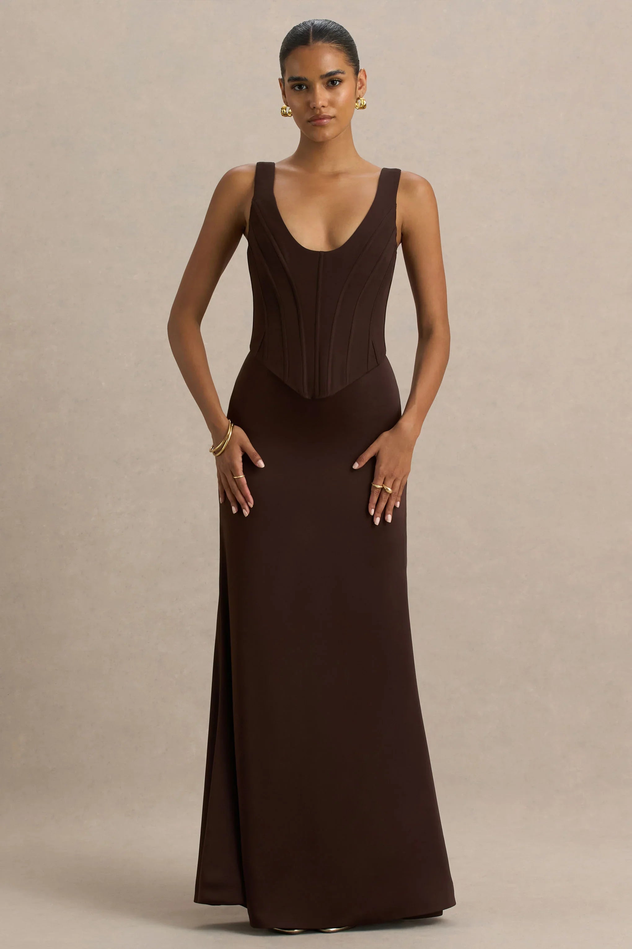 Morgan Brown Satin Corset Maxi Dress