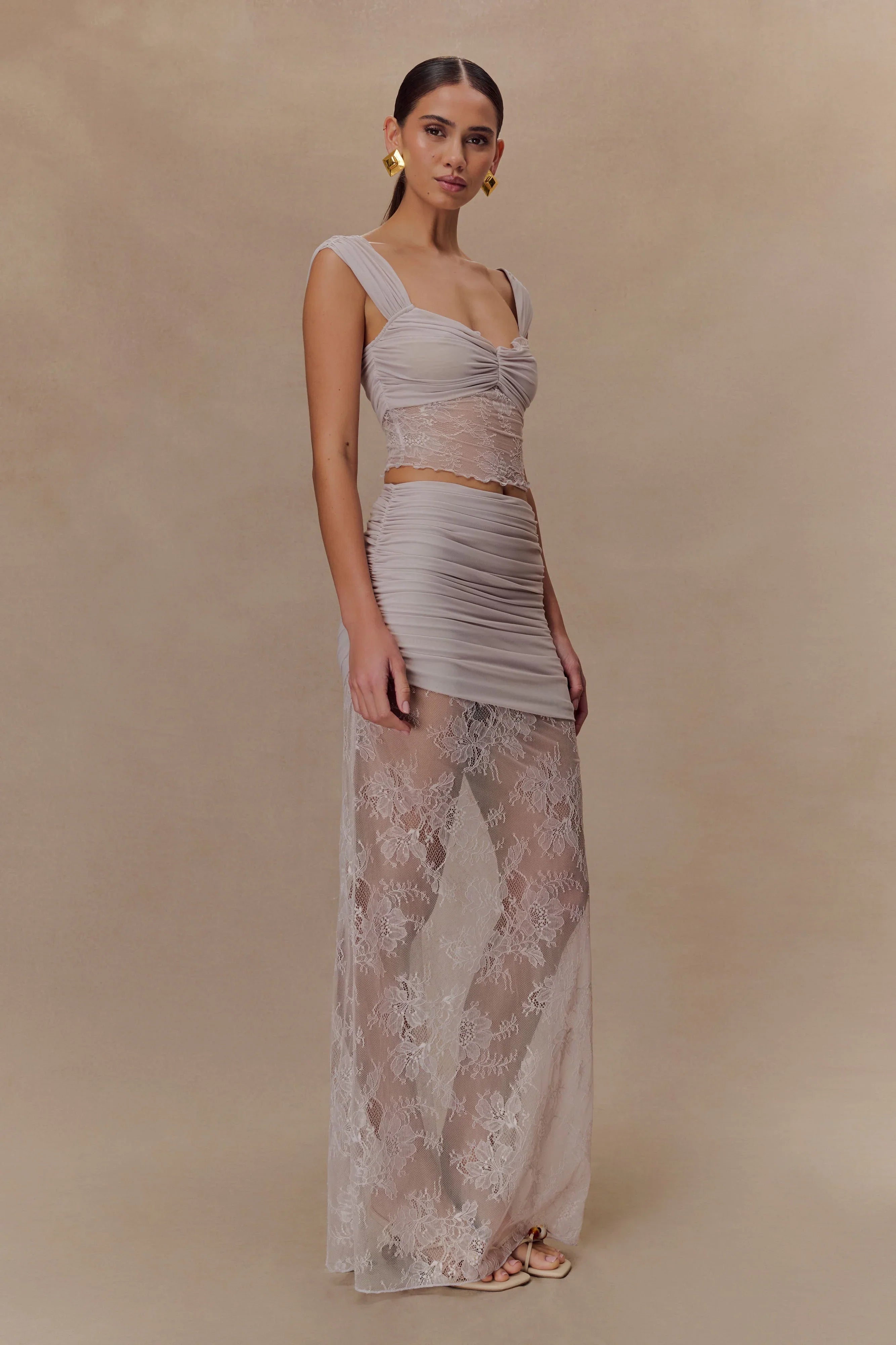 Guinevere Lace And Mesh Maxi Skirt Lilac