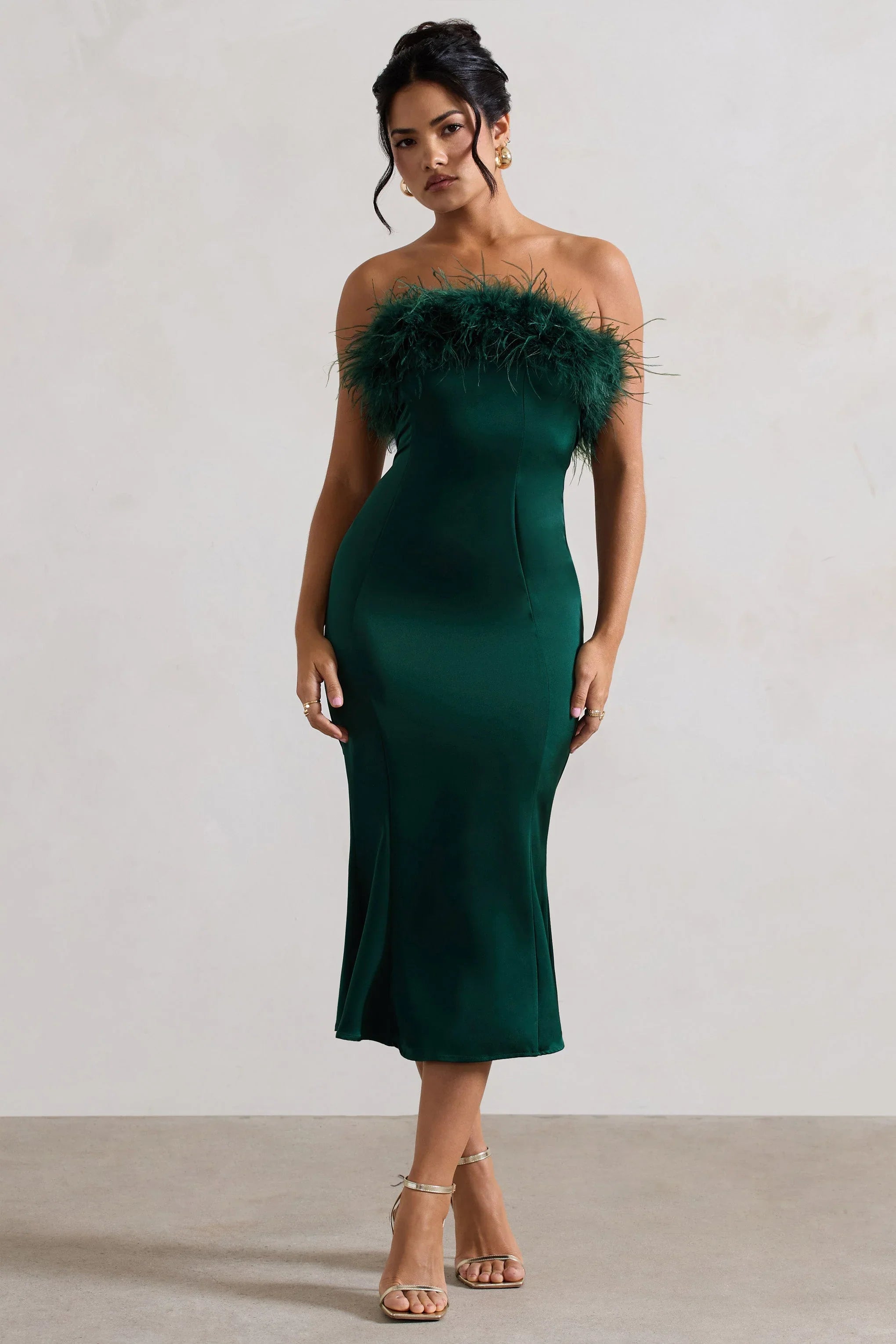 One And Only Bottle Green Satin Feather Trim Bandeau Midi Dress