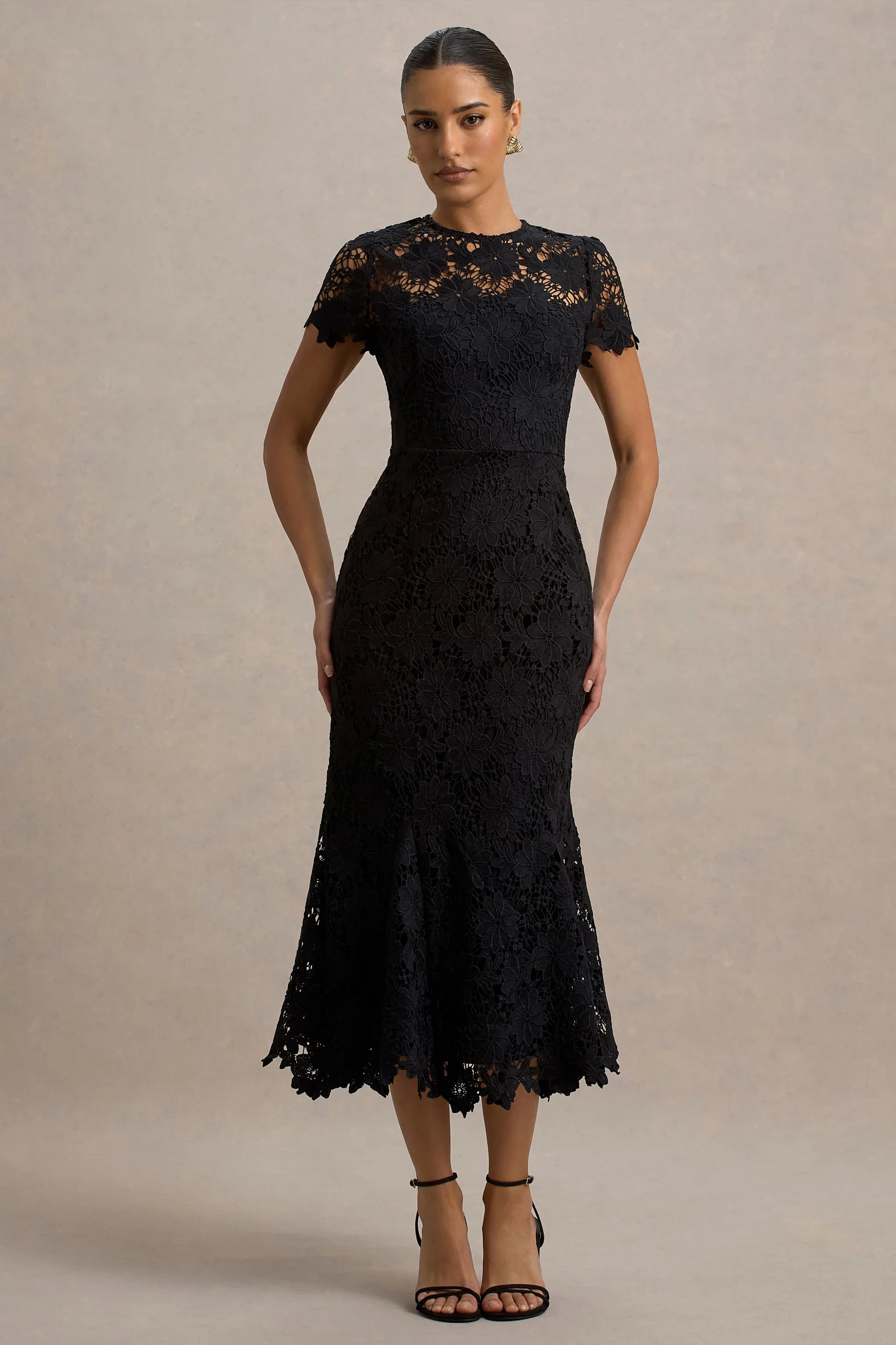 Clarissa Black Lace Short Sleeve Midi Dress
