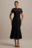 Clarissa Black Lace Short Sleeve Midi Dress