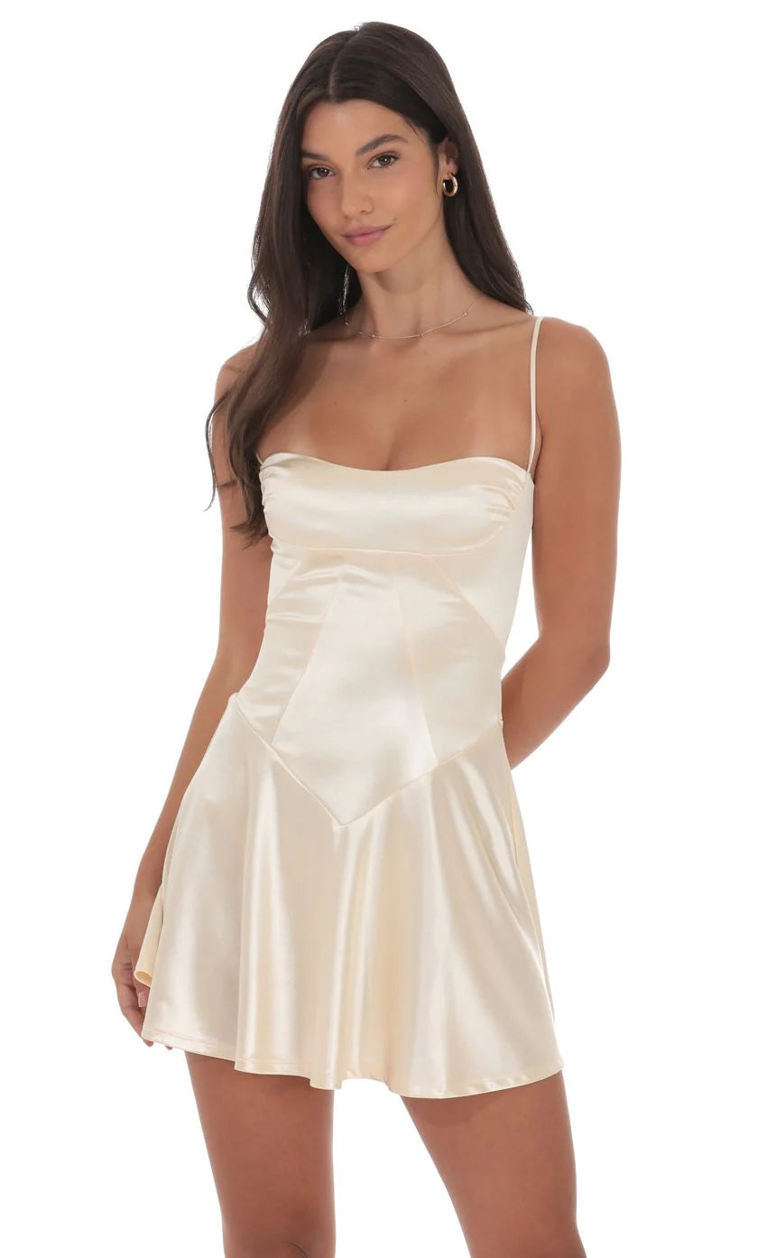 Satin V Drop Waist Dress in Champagne