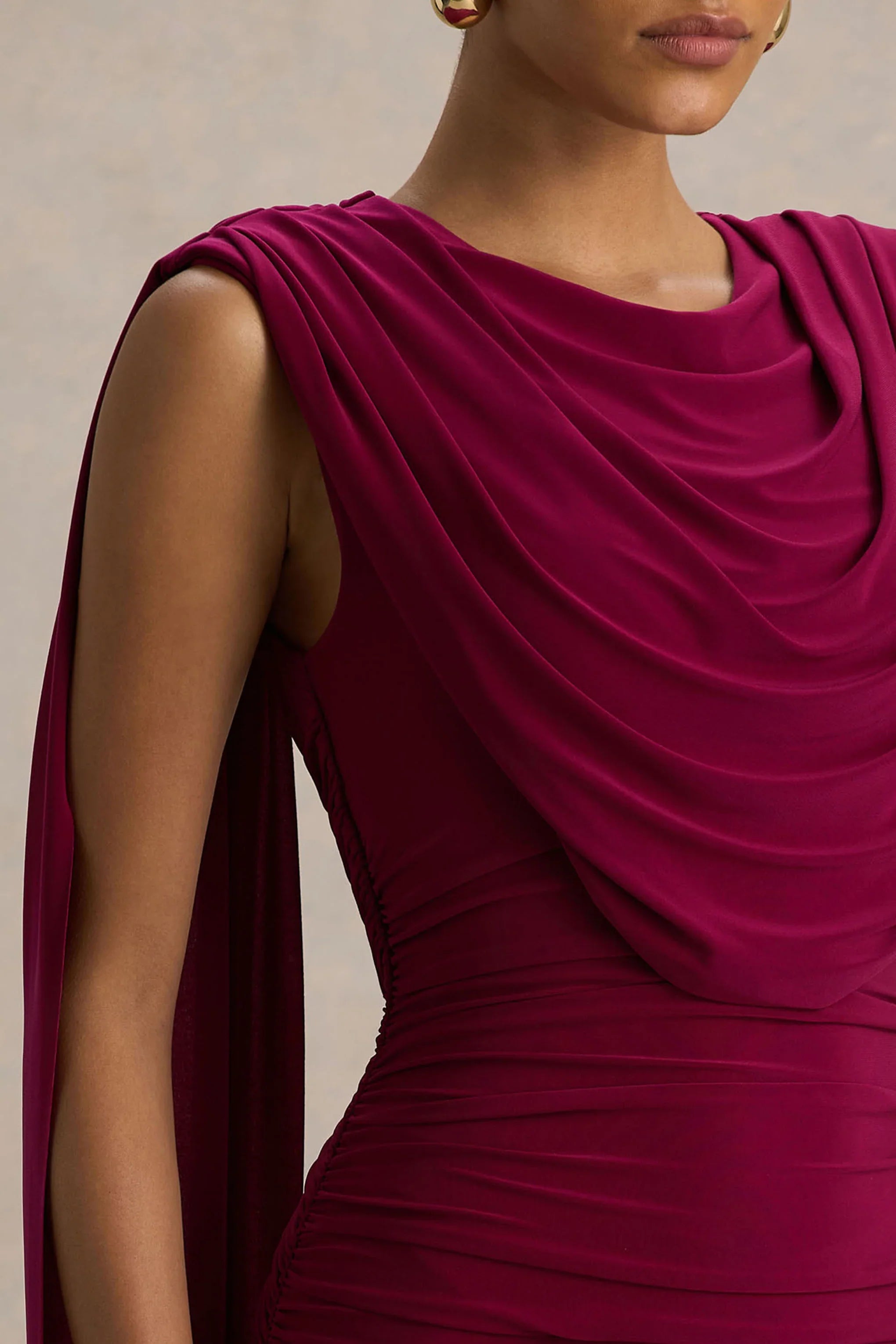 Wanderer Burgundy Crew Neck Midi Dress With Draped and Ruched Detailing