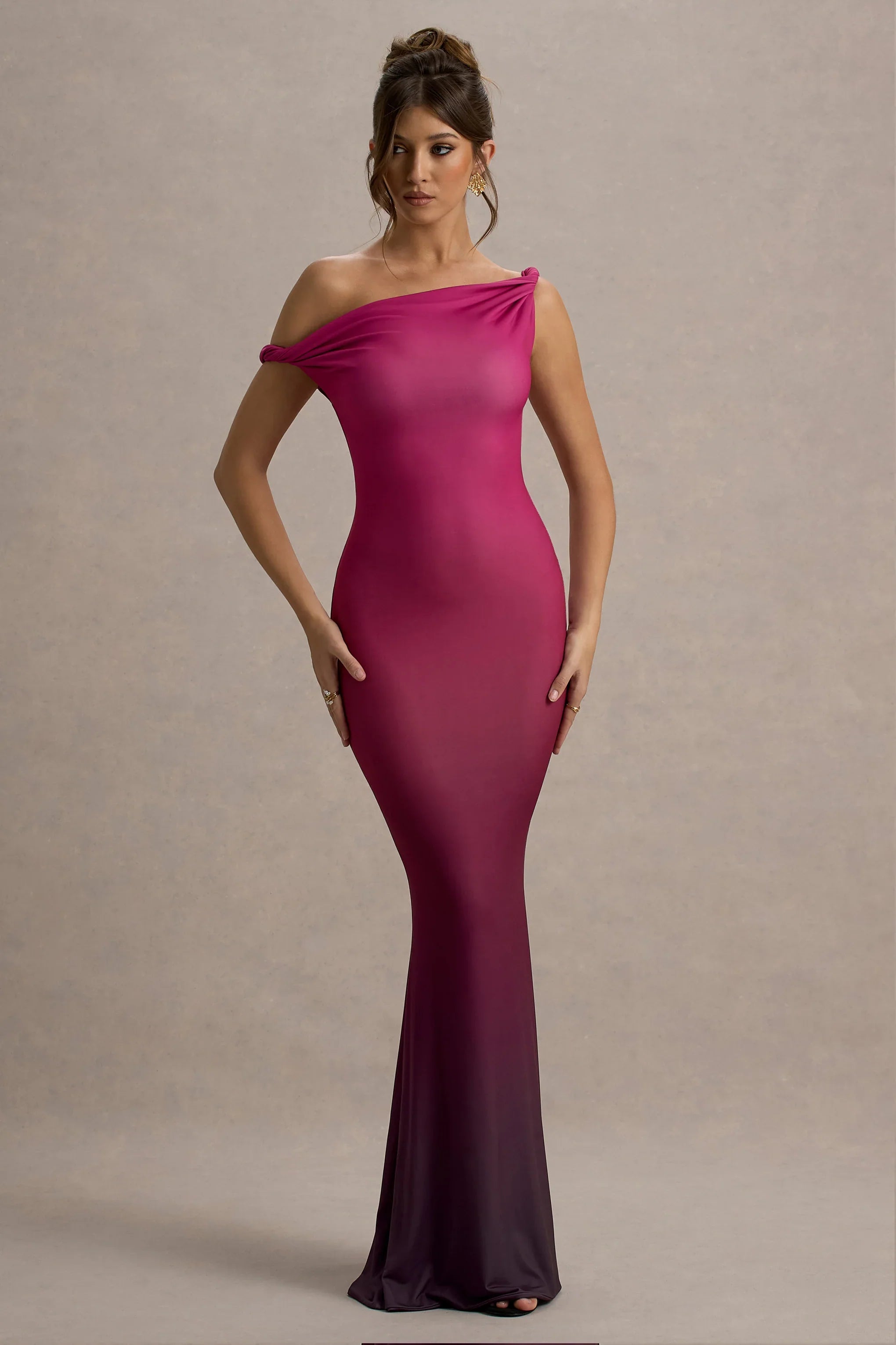 Exotic Berry Ombre Twisted Asymmetric Maxi Dress