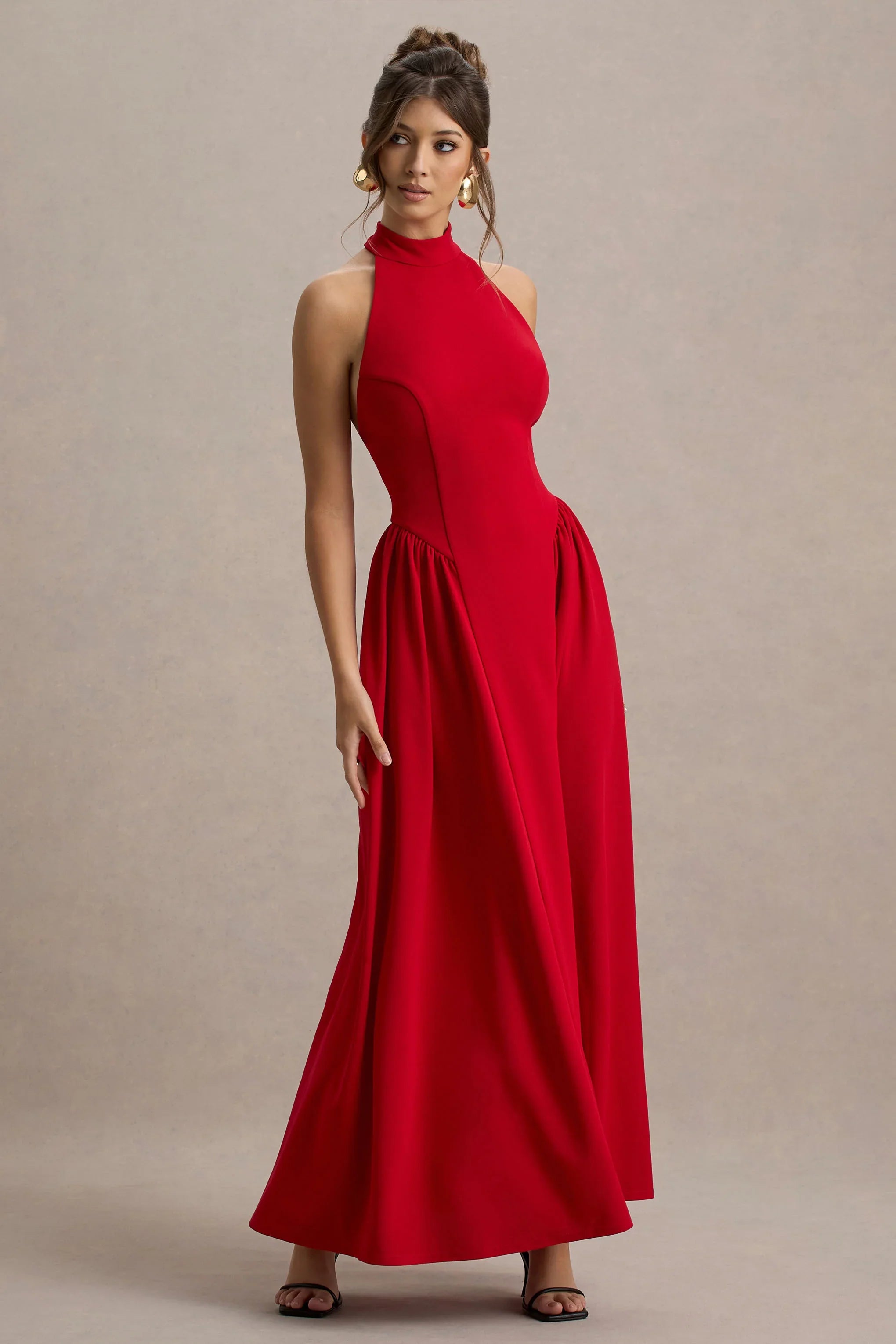 Cynthia Red High Neck Maxi Dress With Volume Skirt