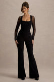 On Track Black Flared Leg Jumpsuit With Sheer Sleeves