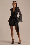 Mela Black And White Polka Dot Plunge Neck Mini Dress With Bell Sleeves And Sash Detail