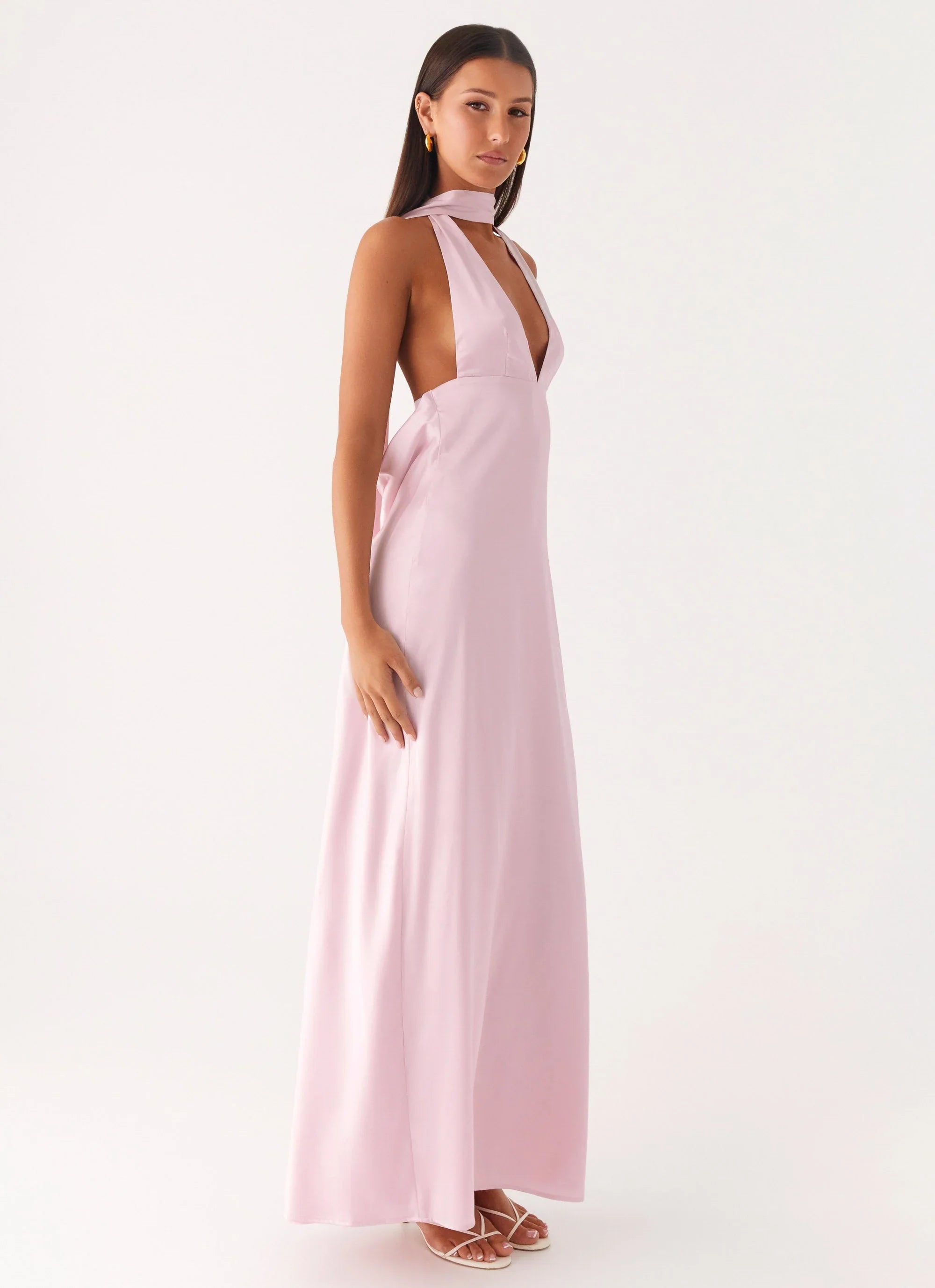 Alicia Satin Halter Maxi Dress Baby Pink