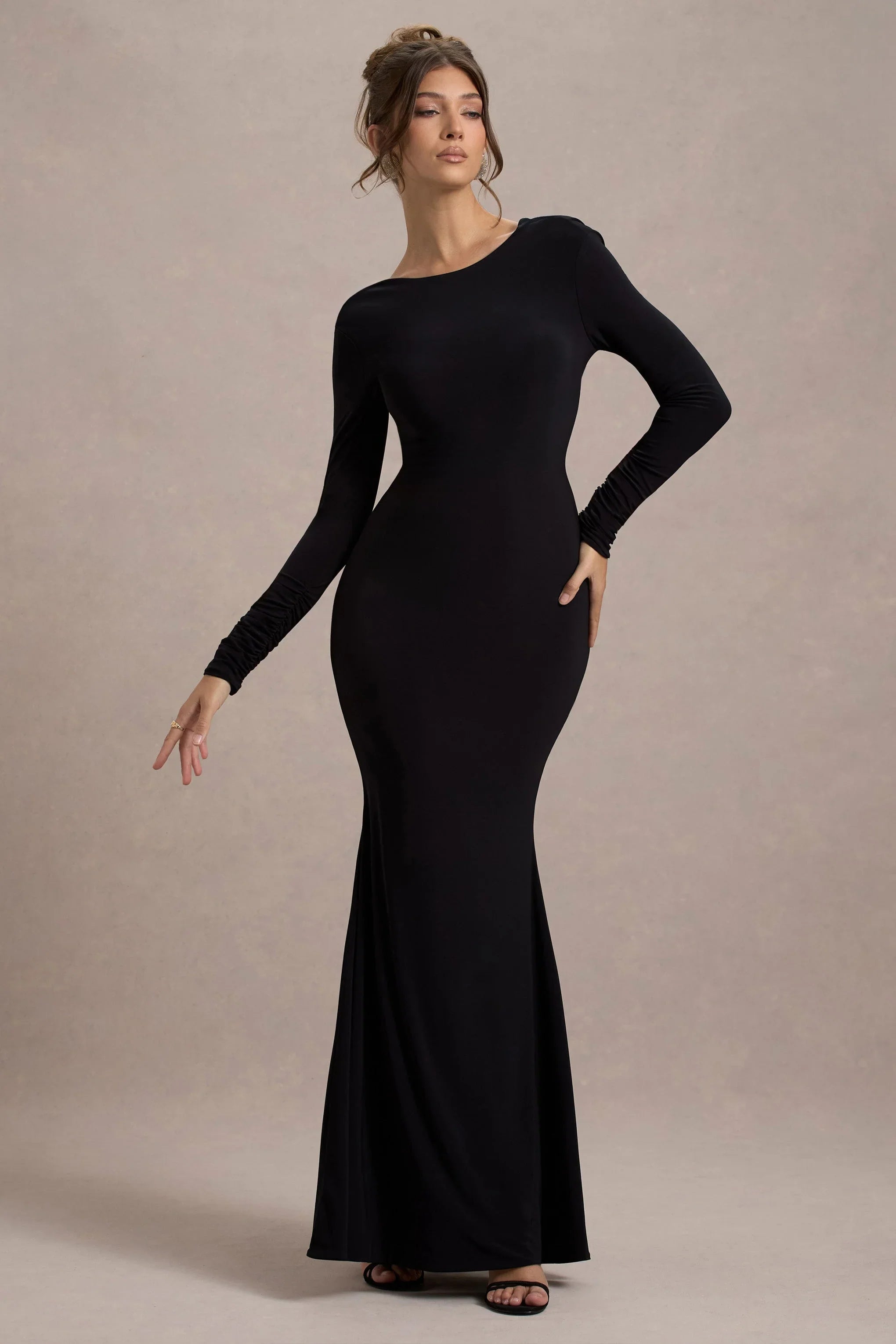 Rosalee Black Long Sleeve Cowl Back Maxi Dress With Bows