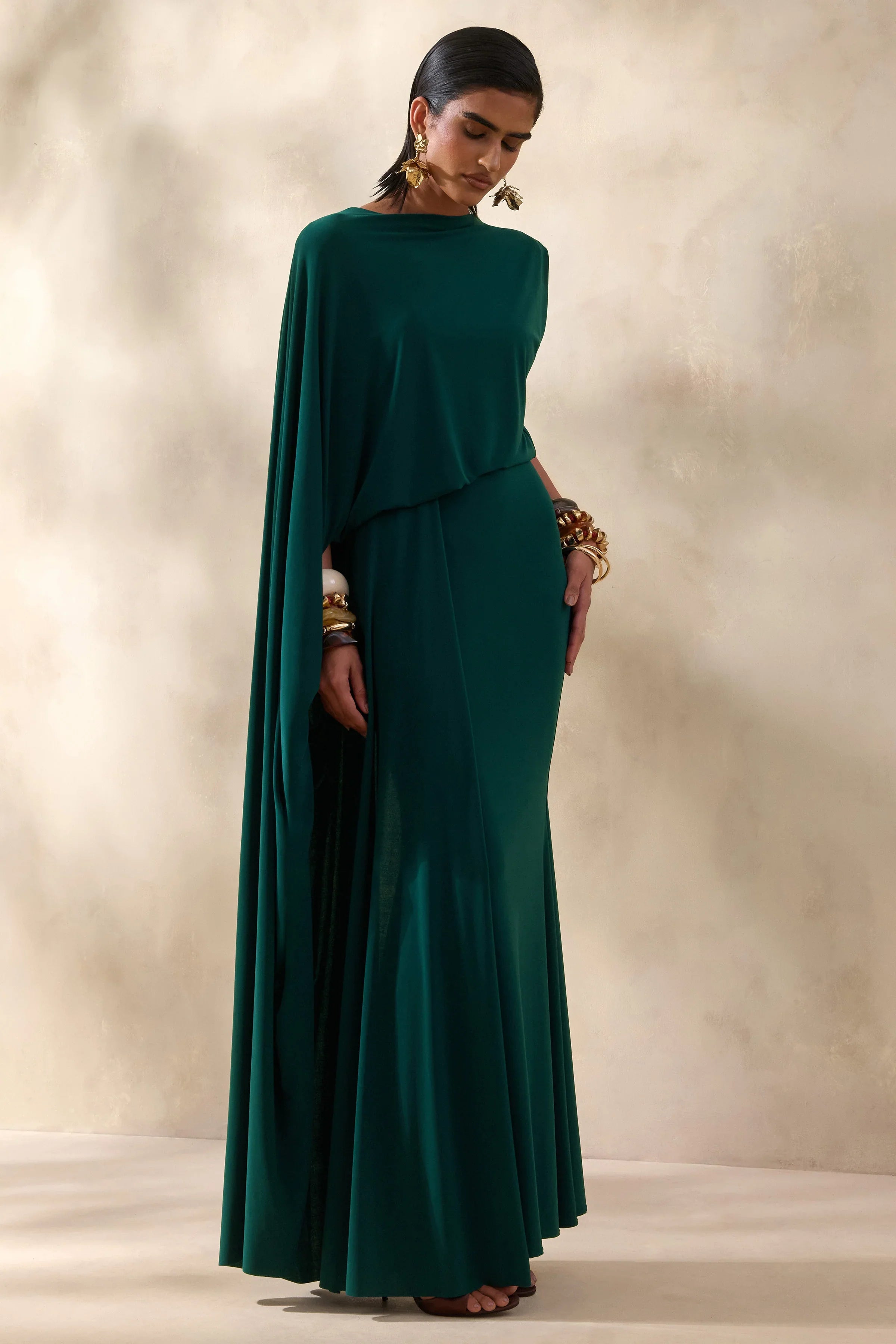 Carenza Dark Green Wide Neck Maxi Dress With Cape Sleeve