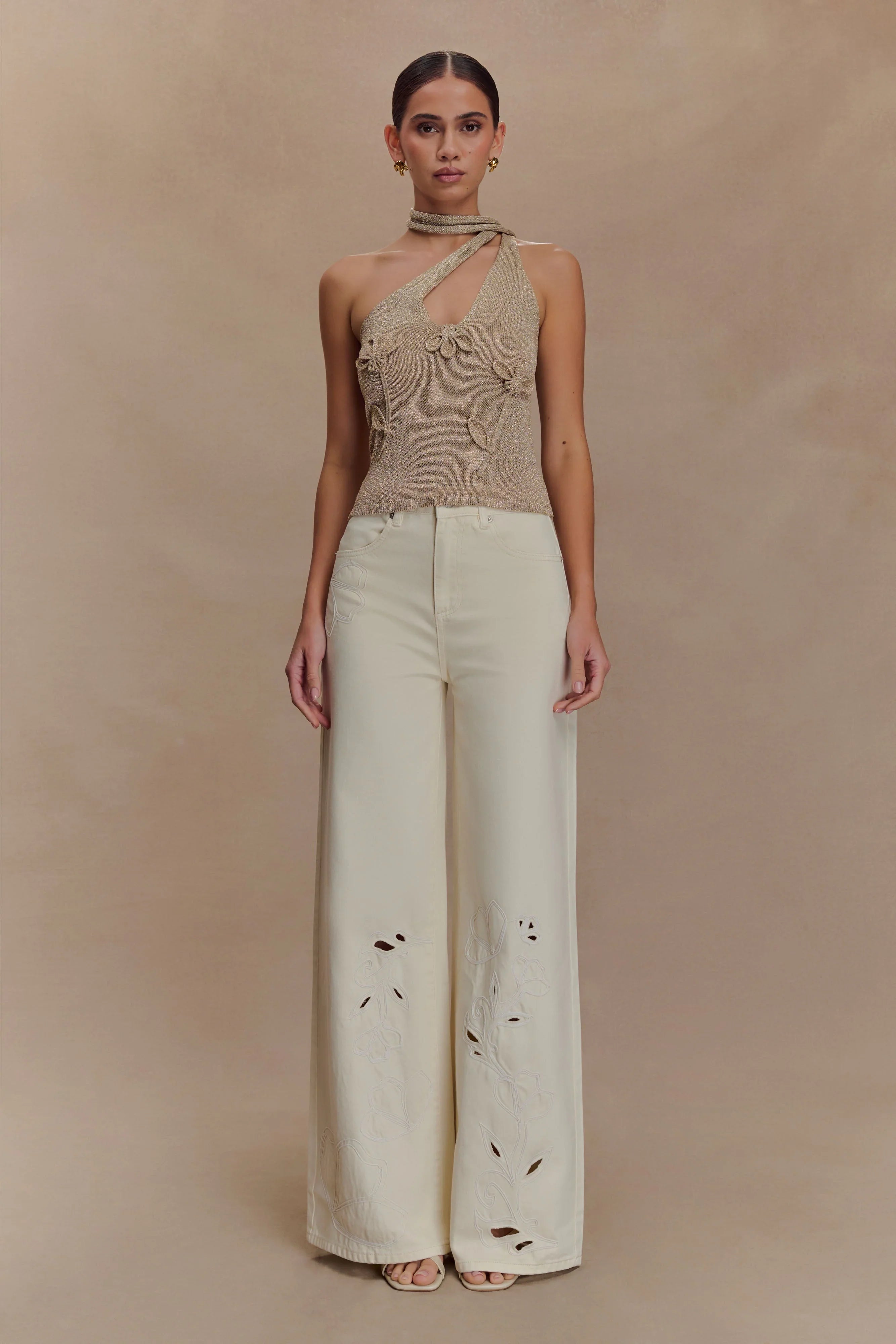 Leone One Shoulder Metallic Knit Top Gold