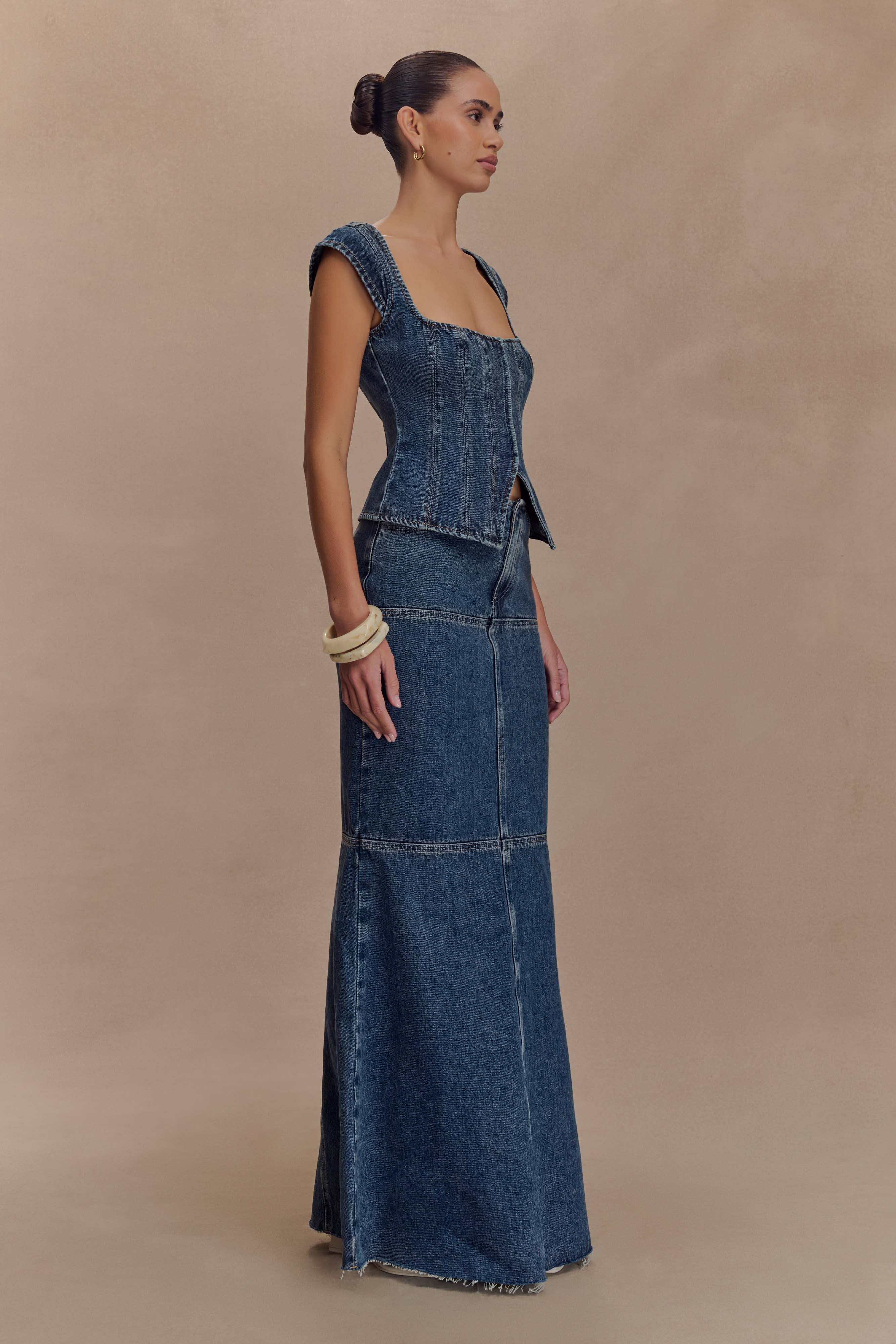 Loretta Cap Sleeve Denim Top Washed Dark Blue