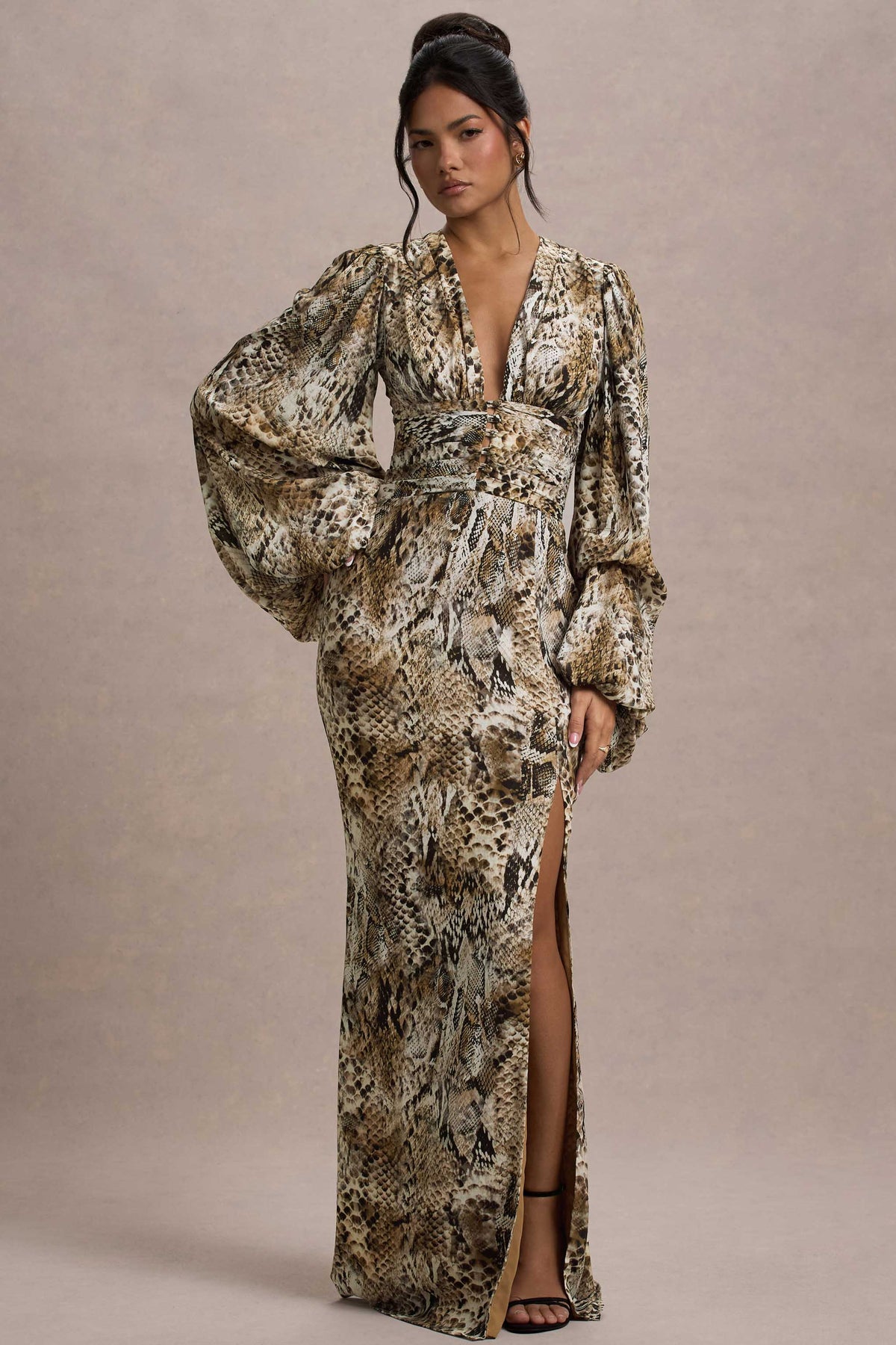Casarile Snake Print V Neck Balloon Sleeve Maxi Dress