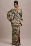 Casarile Snake Print V Neck Balloon Sleeve Maxi Dress
