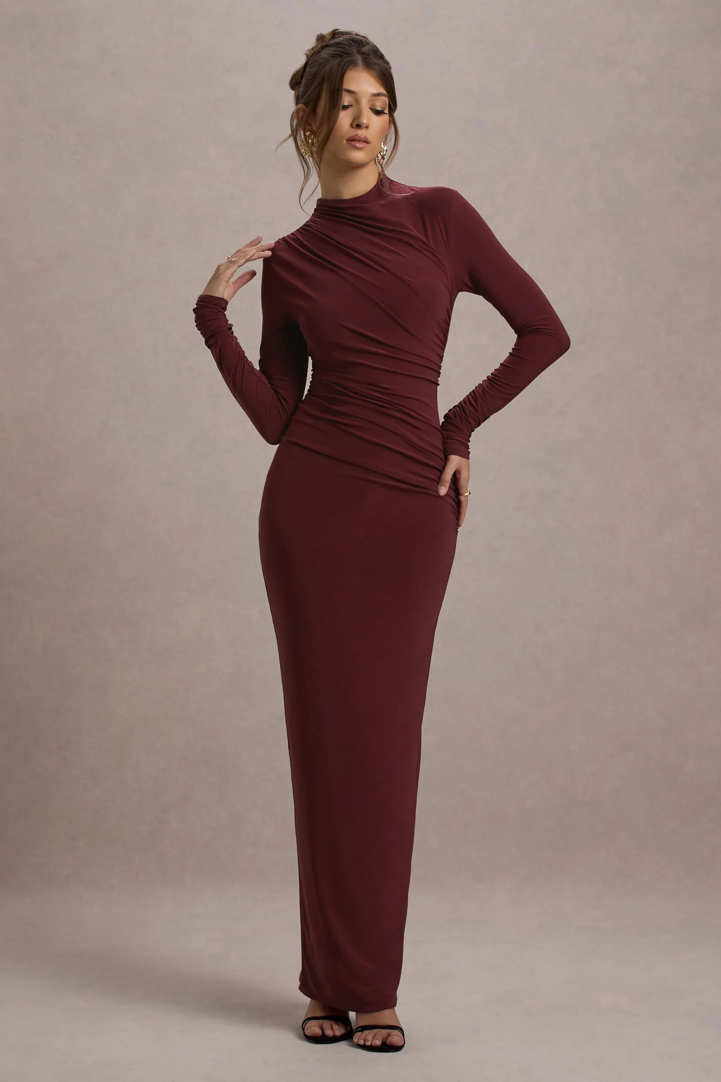 Hespera Port High Neck Long Sleeve Gathered Maxi Dress