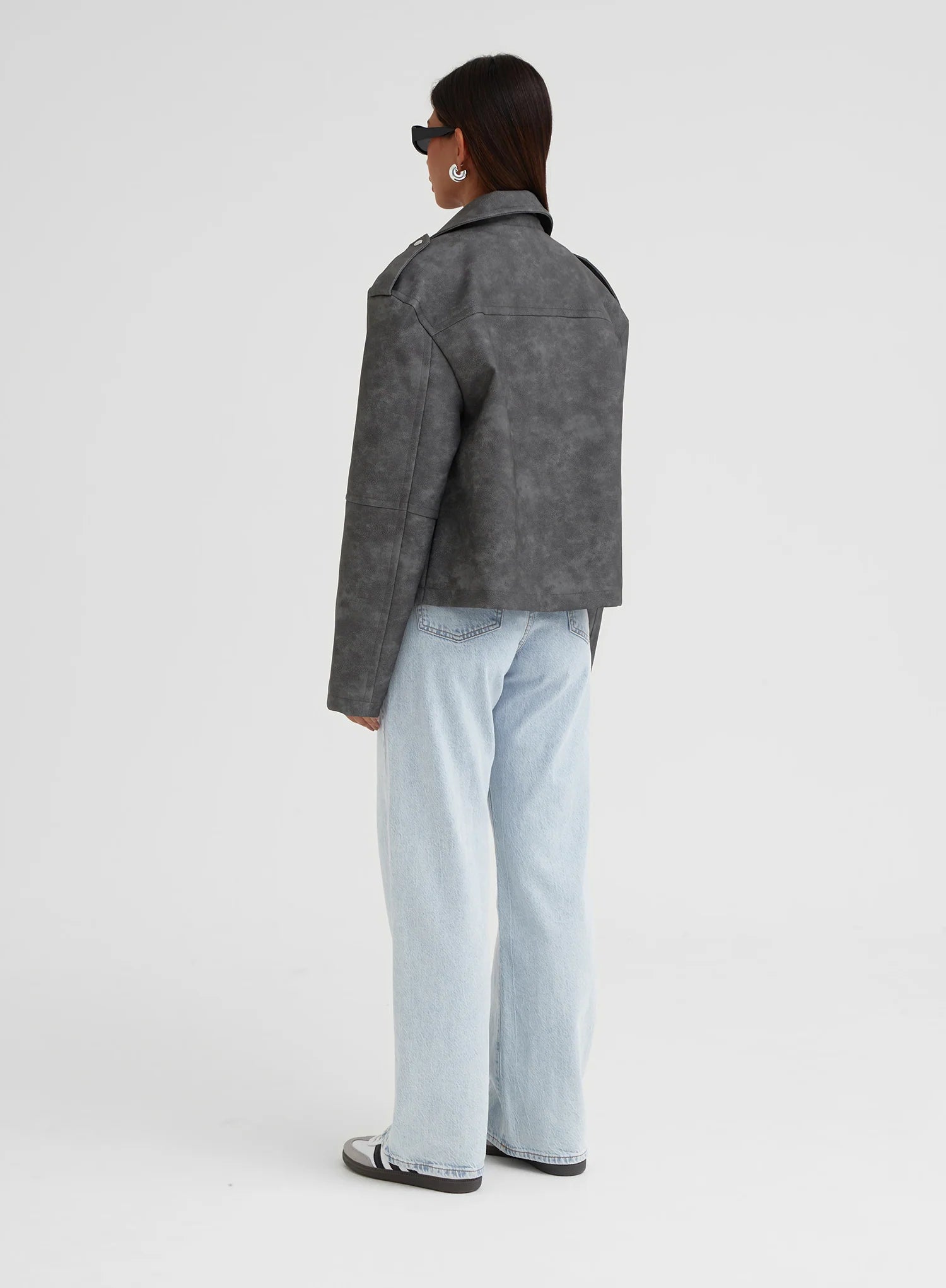 Grey Washed Faux Leather Biker Jacket