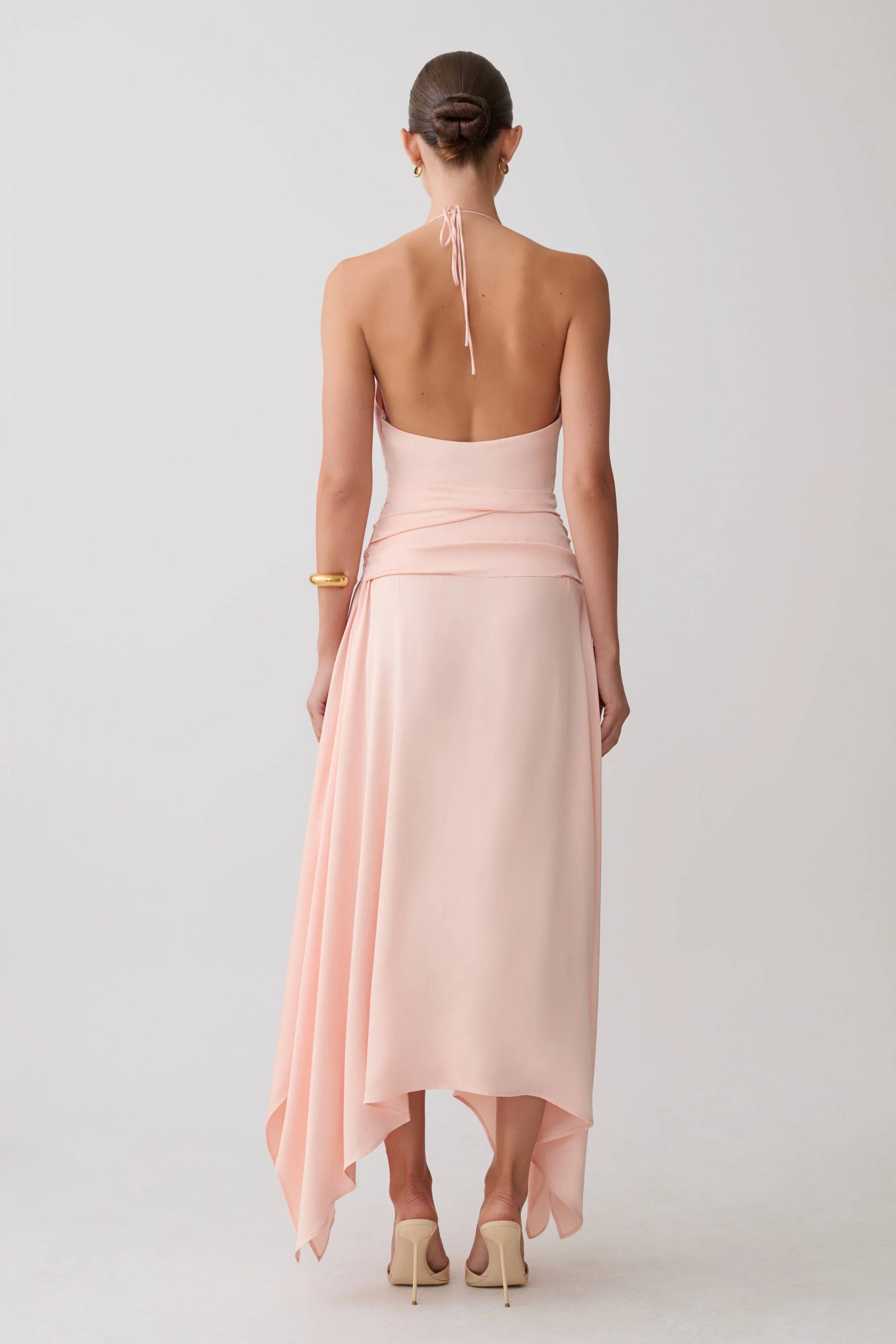 Cyra Plunge Satin Midi Dress Peach