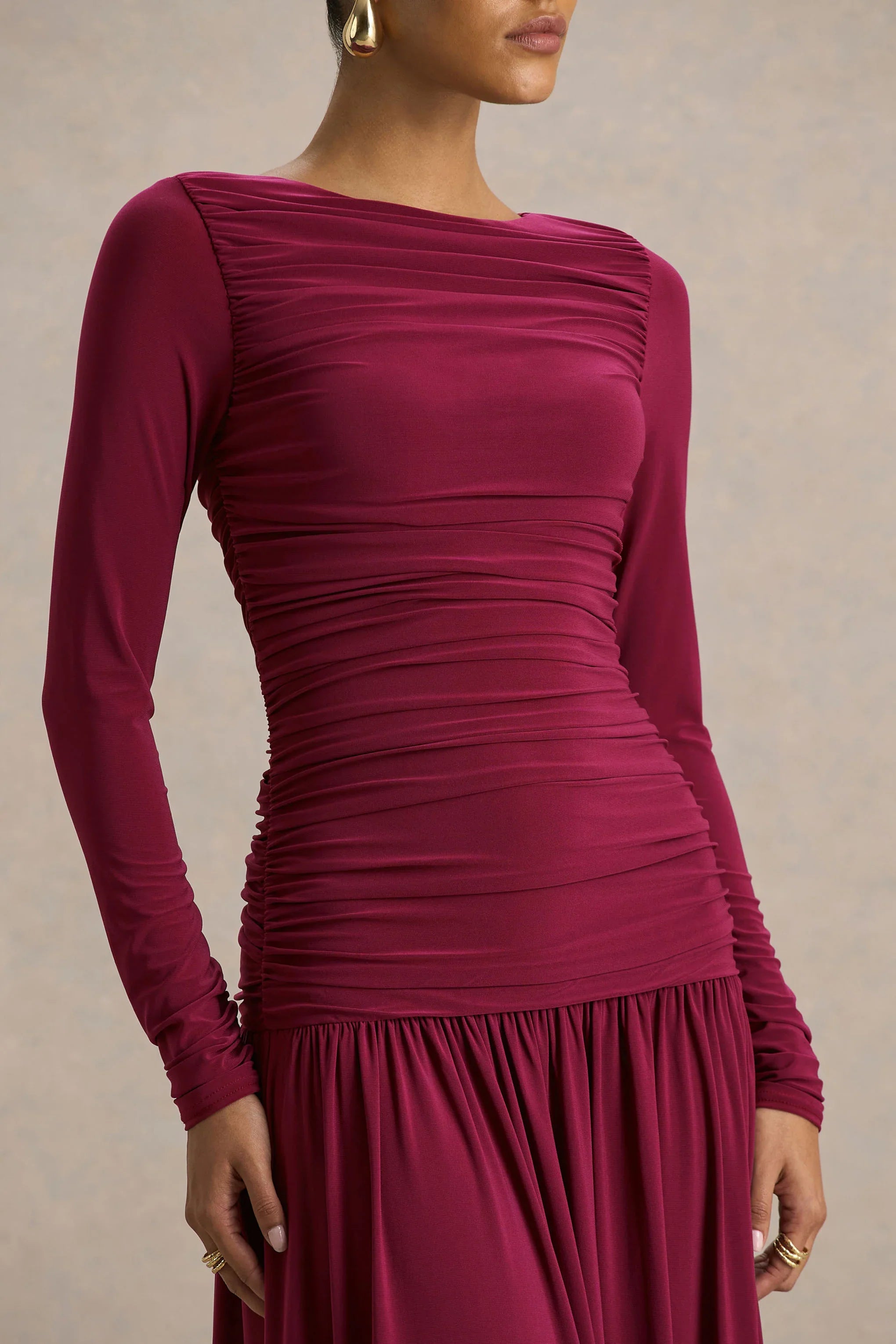 Aniyah Burgundy Slashed Neck Maxi Dress With Ruched Detailing