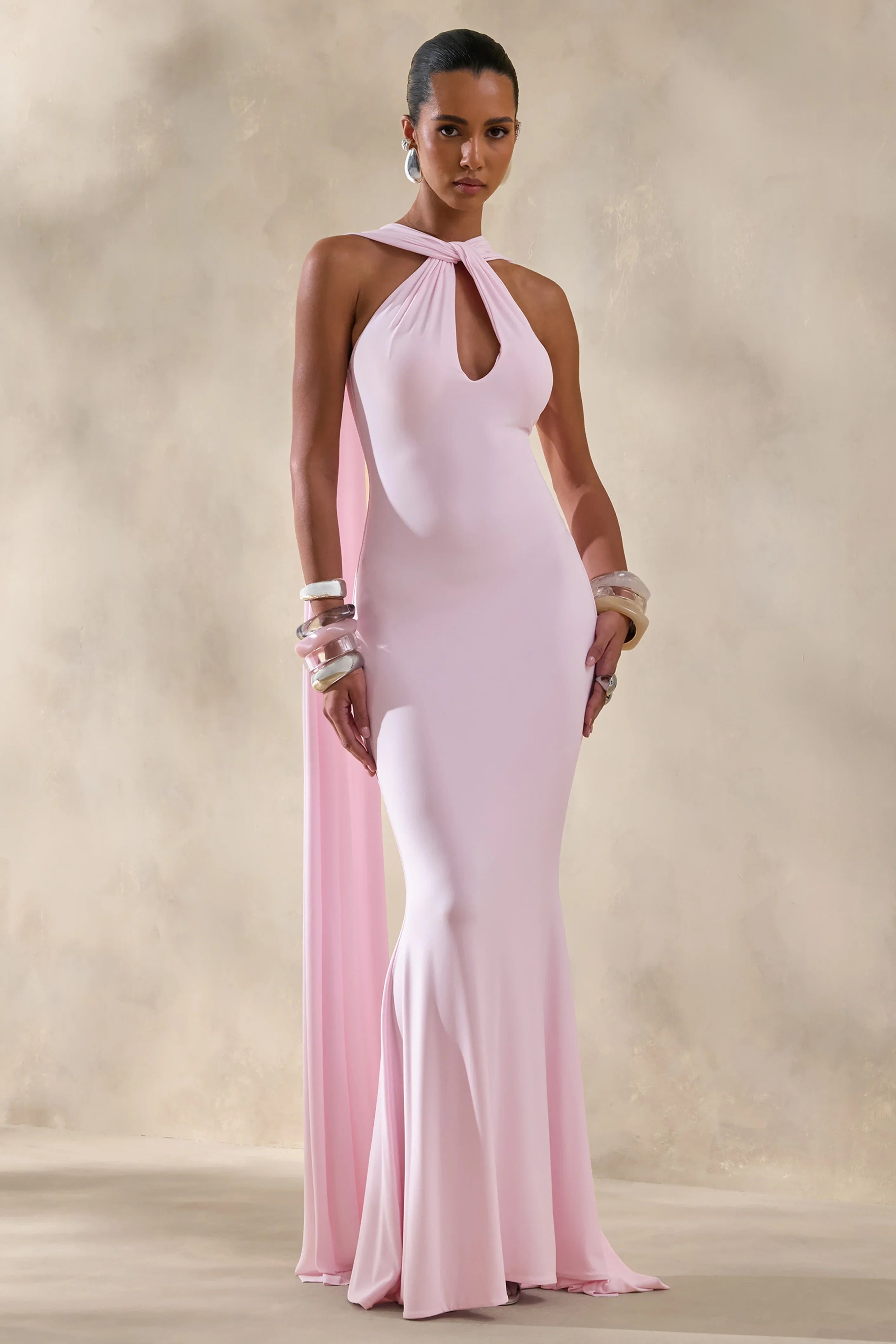 Rhoda Light Pink Twist Halter Neck Cape Maxi Dress