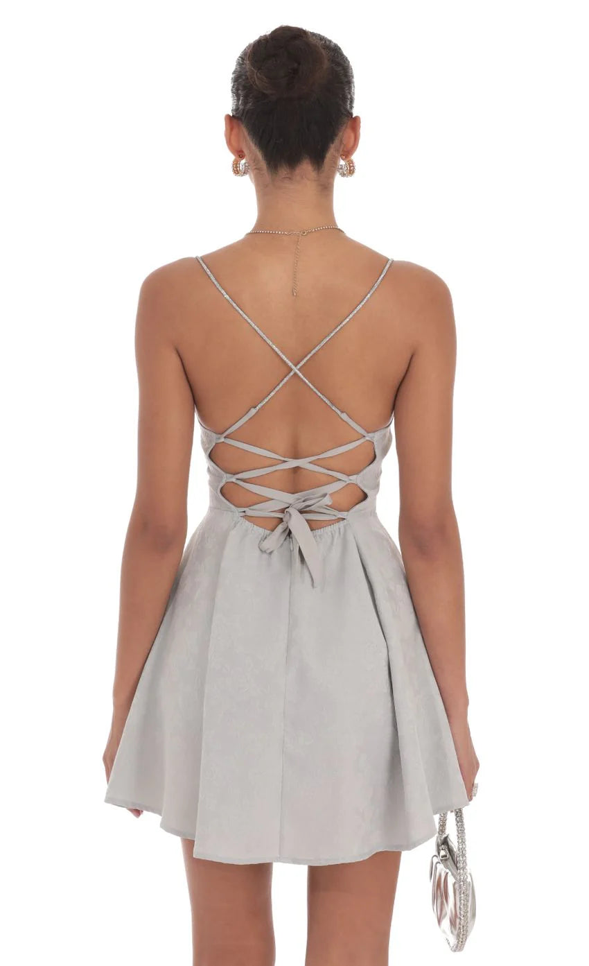 Rhinestone Jacquard A line Dress in Grey