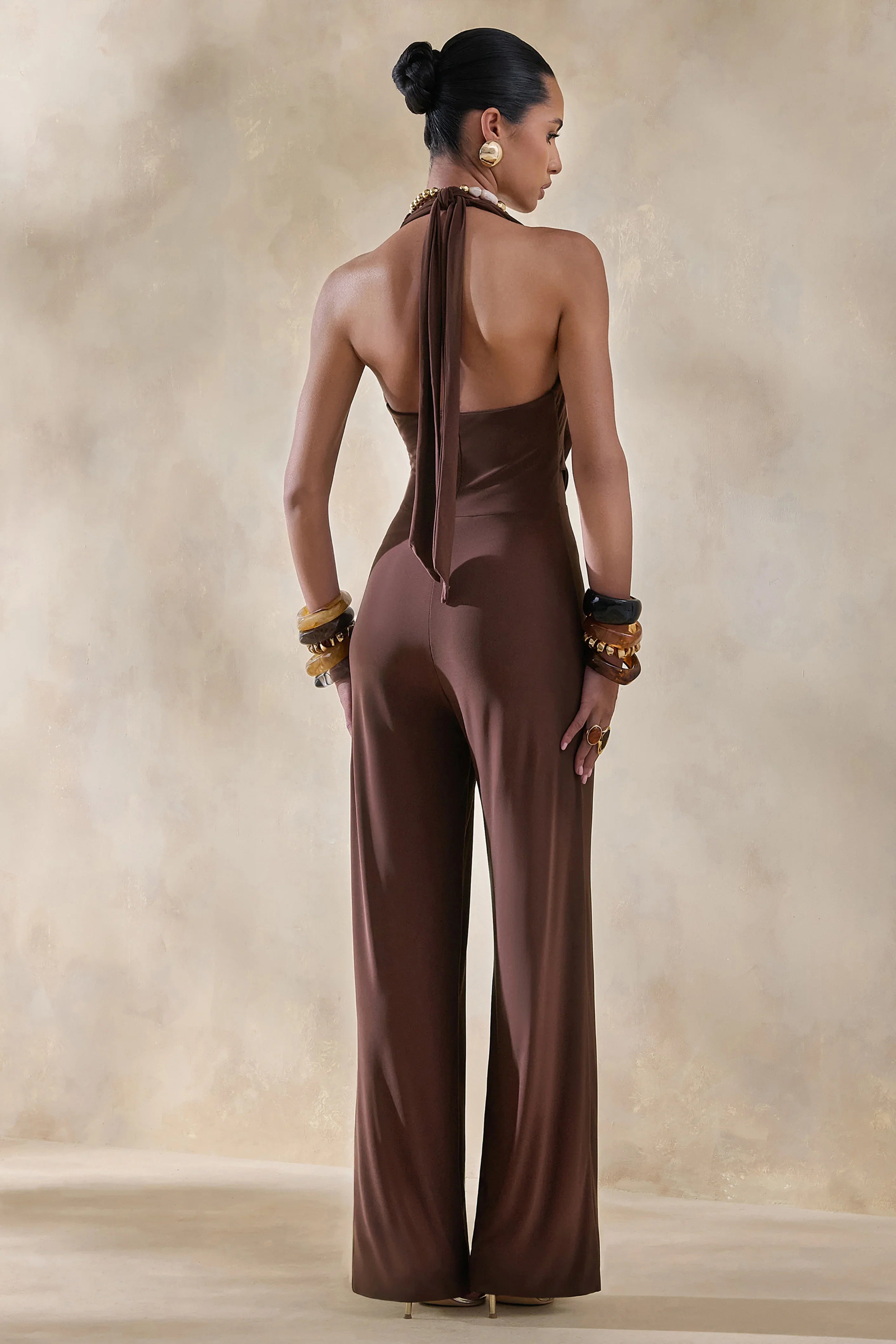 Clemence Brown Plunge Neck Jumpsuit
