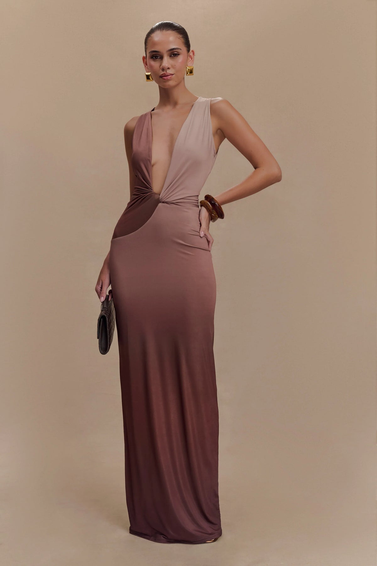 Stella Draped Slinky Maxi Dress Mocha Ombre