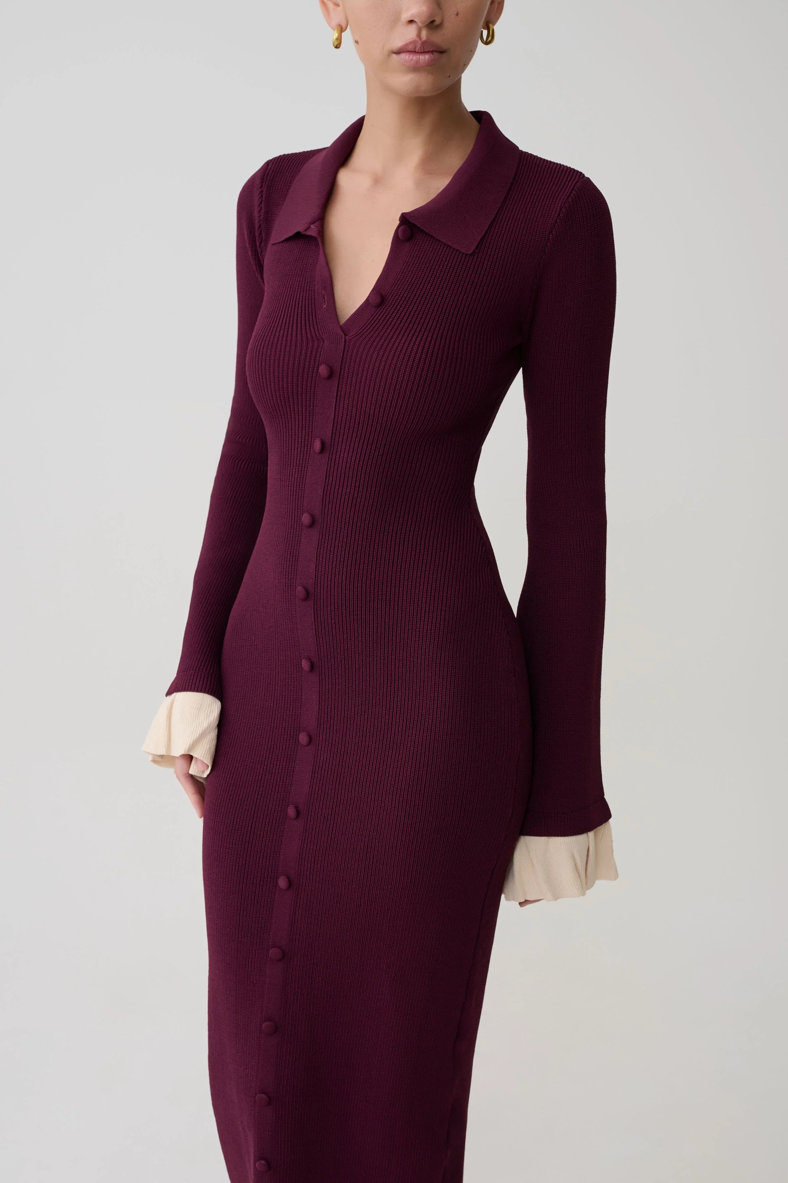 Amirose Ruffle Knit Midi Dress Plum