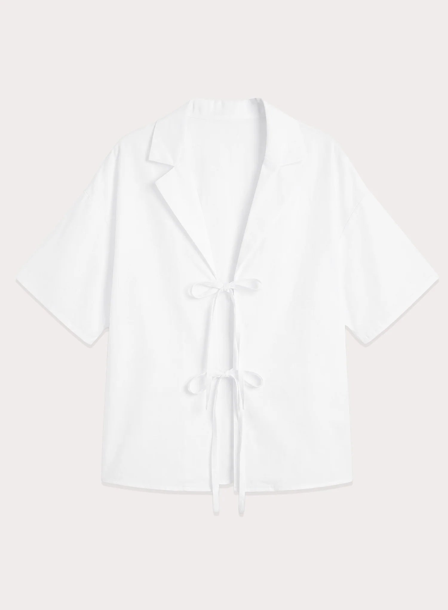 White Linen Blend Tie Front Short Sleeve Shirt
