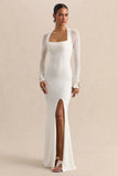 Fleurisia White Square Neck Maxi Dress With Mesh Long Sleeves