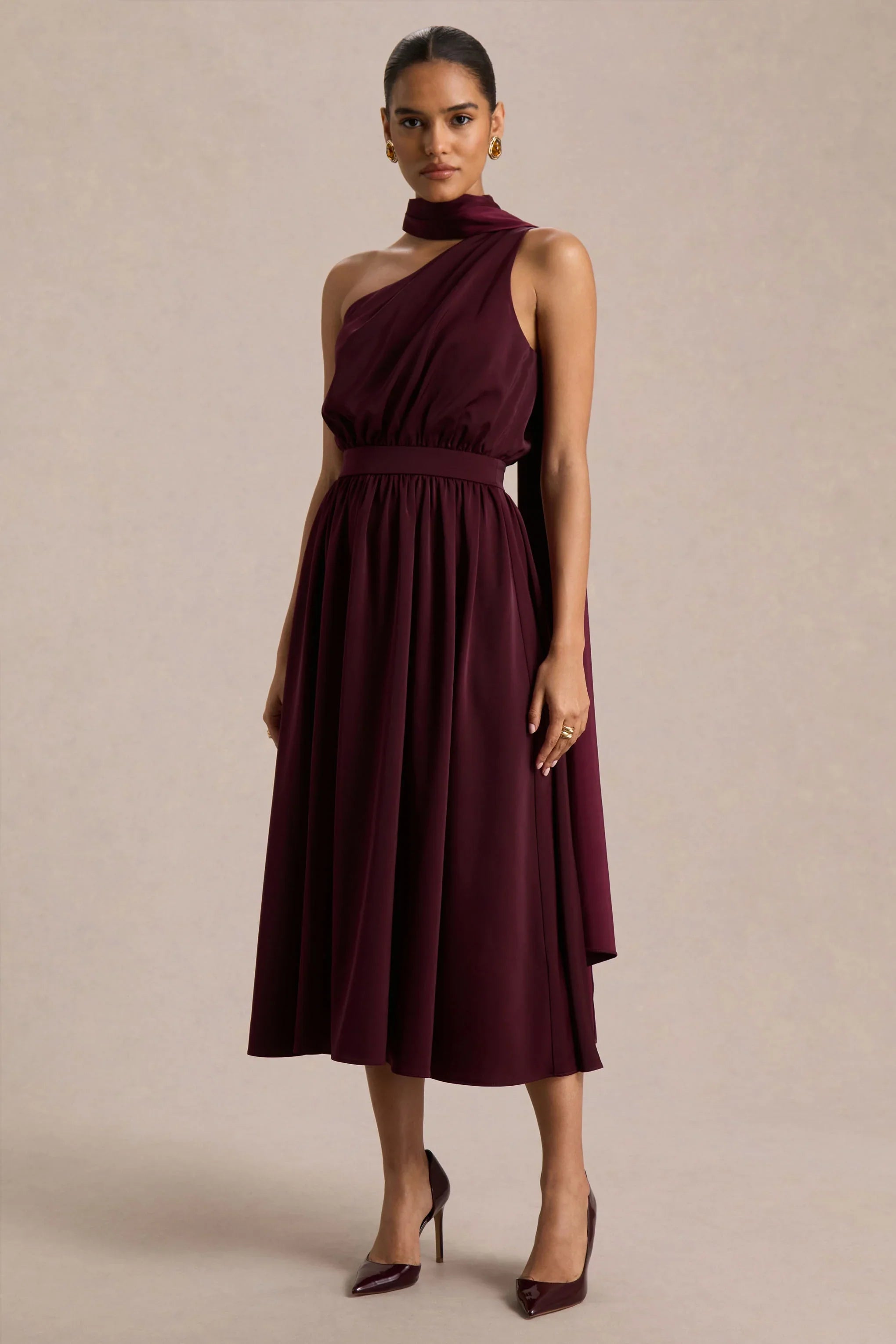 Caluna Burgundy Satin Asymmetric Neck Midi Dress With Scarf Detail