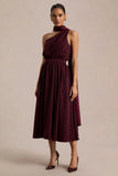 Caluna Burgundy Satin Asymmetric Neck Midi Dress With Scarf Detail
