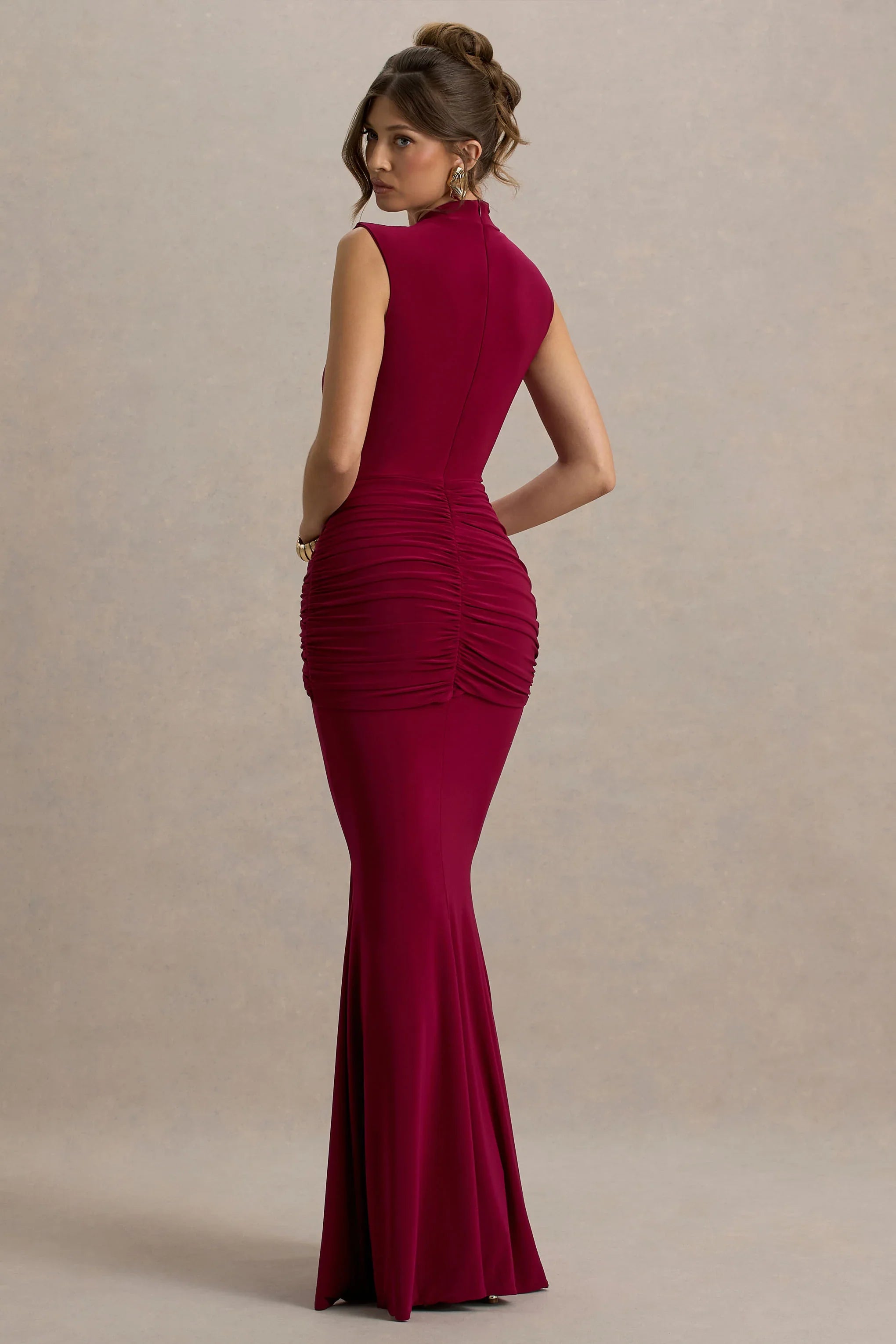 Graziana Burgundy High Neck Gathered Draped Maxi Dress