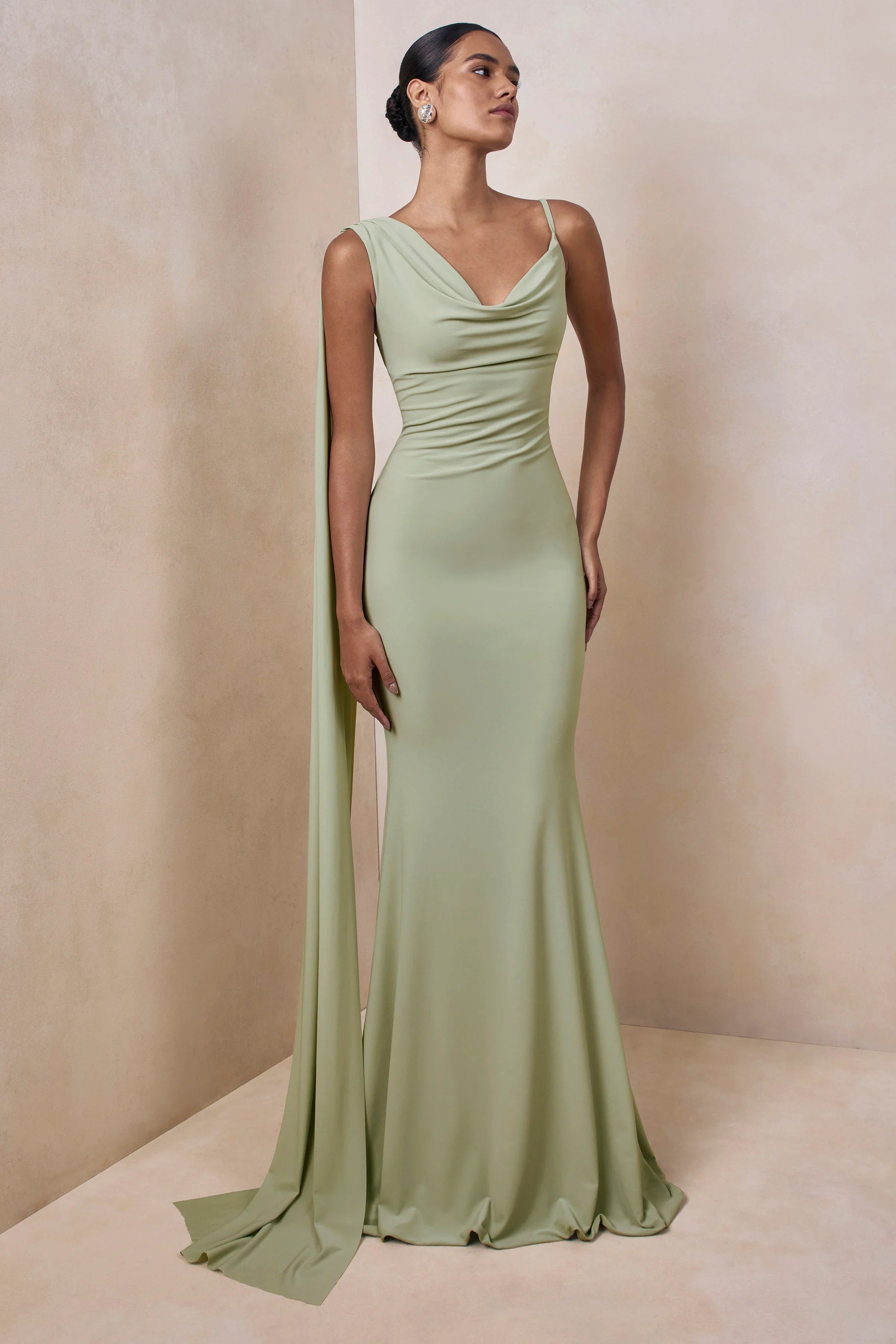 Kenza Mint Asymmetric Neck Maxi Dress With Scarf Detail