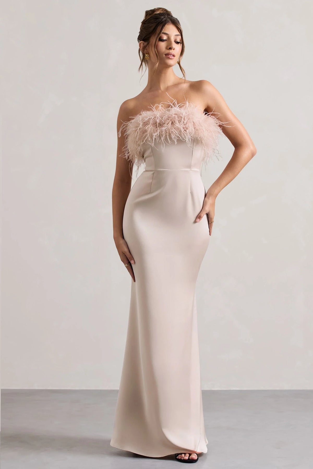 Dress For It Champagne Satin Feather Trim Bandeau Maxi Dress