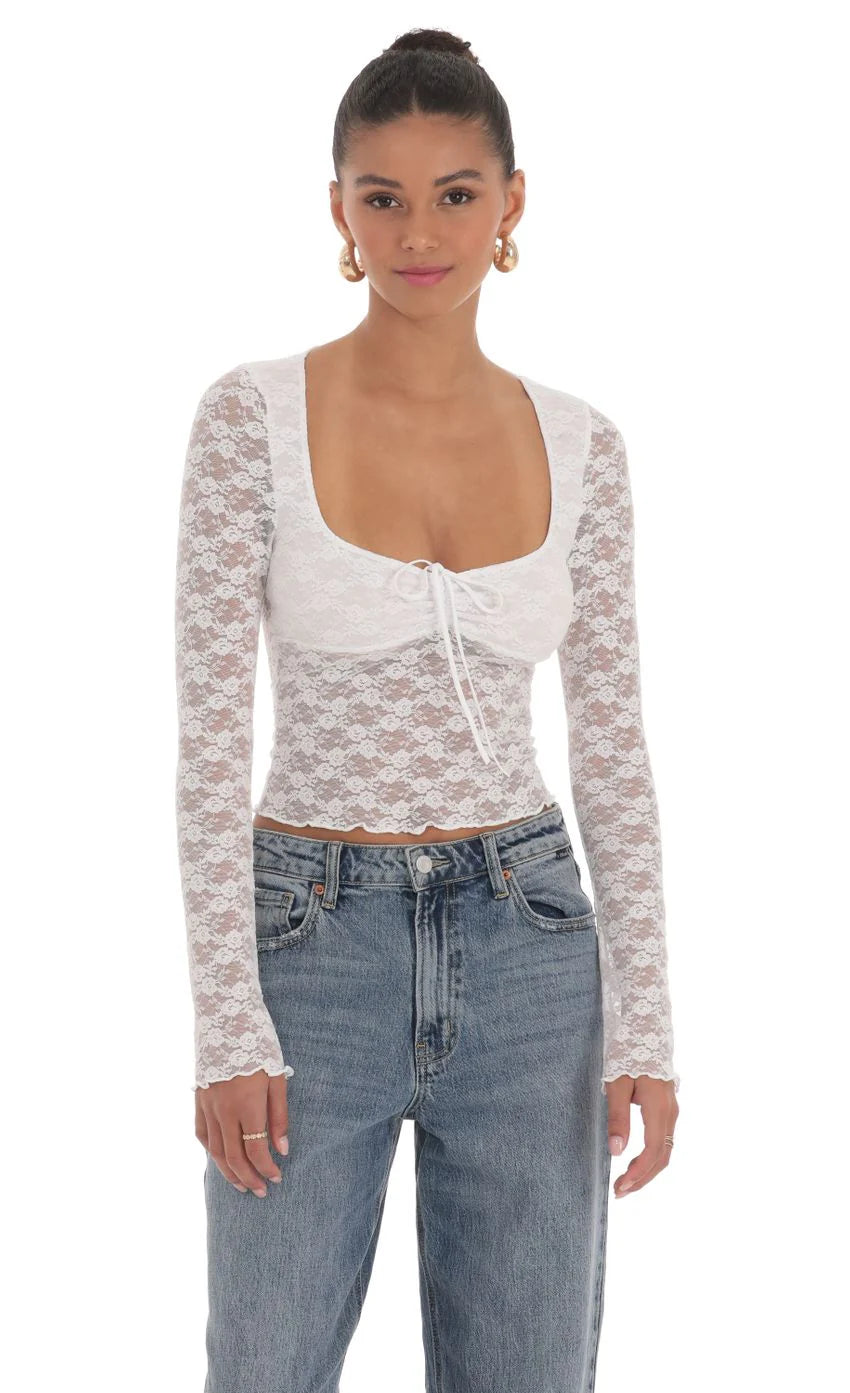 Long Sleeve Lace Top in White