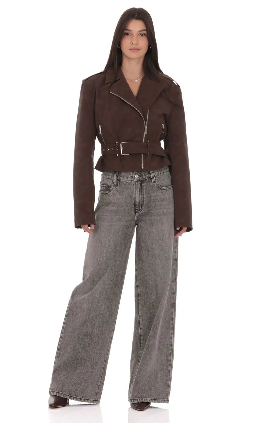 Faux Leather Cropped Moto Jacket in Brown