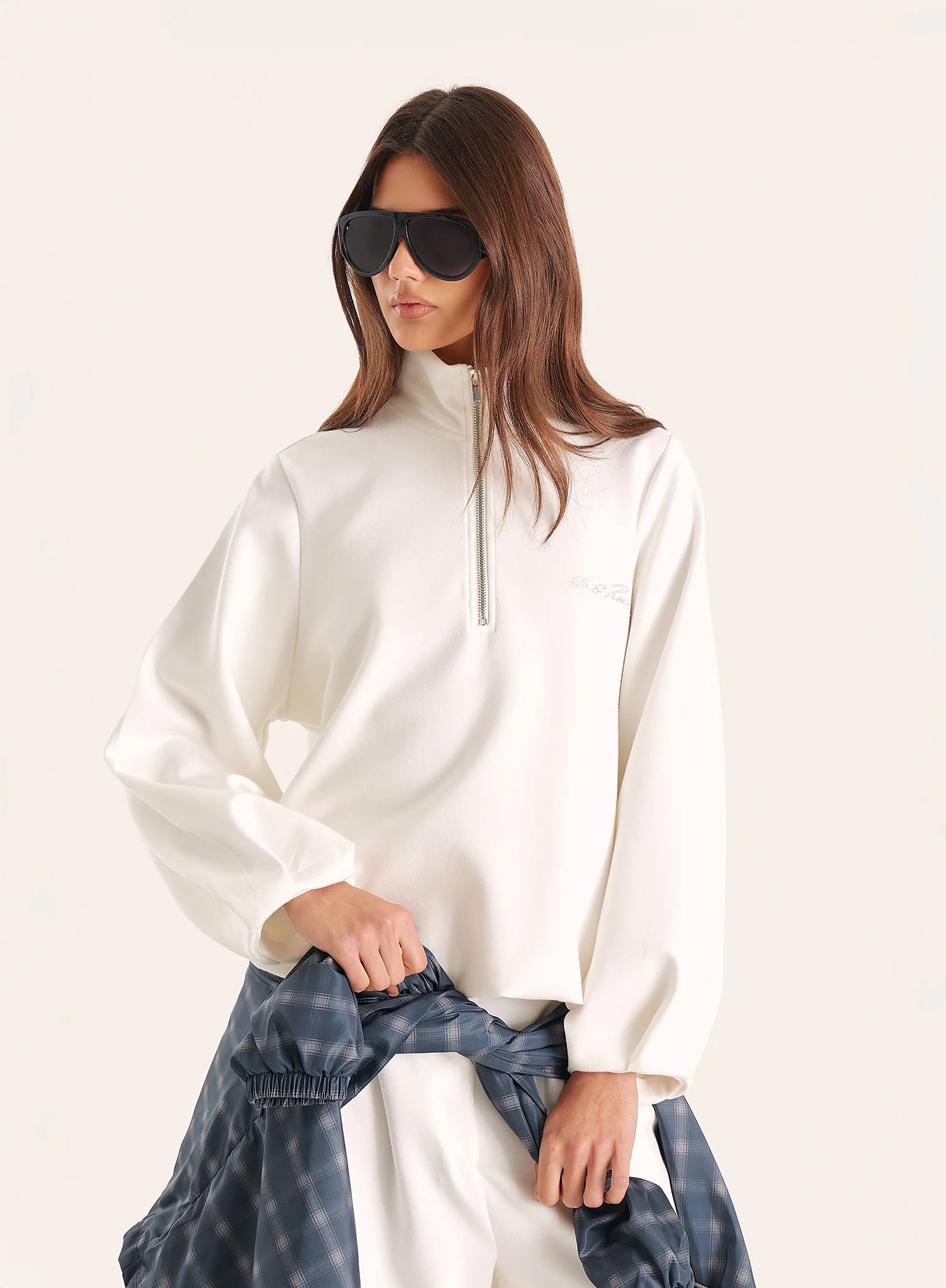 Cream Modal Funnel Neck Quarter Zip Sweatshirt