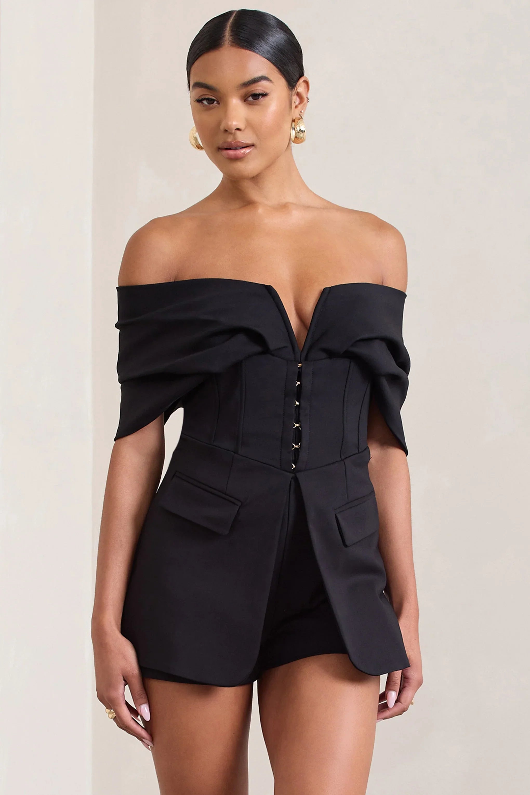Damsel Black Cotton Blend Corset Bardot Playsuit
