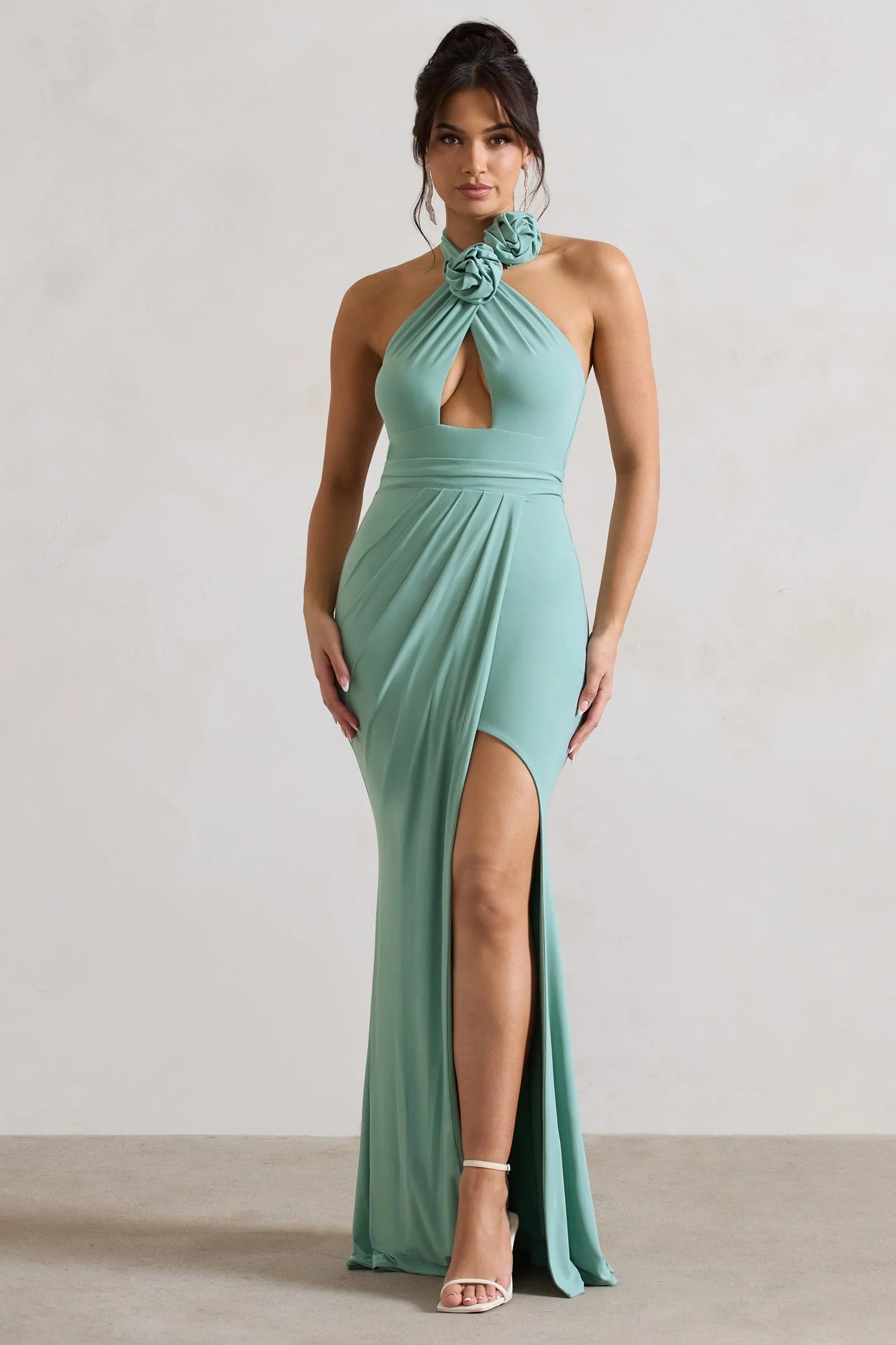 Kira Sage Halter Neck Cut Out Split Maxi Dress With Flowers