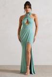 Kira Sage Halter Neck Cut Out Split Maxi Dress With Flowers