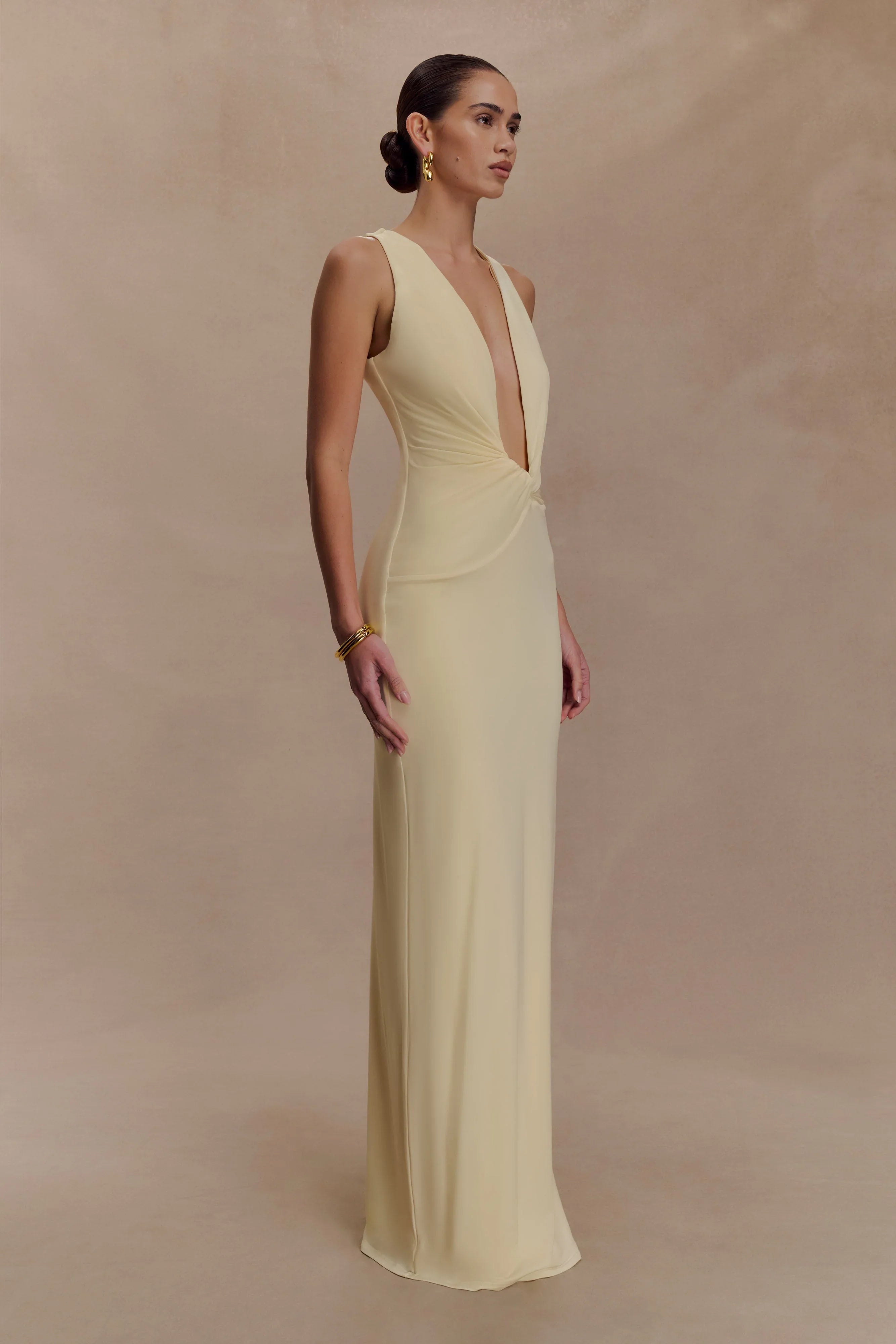 Stella Draped Slinky Maxi Dress Pale Lemon
